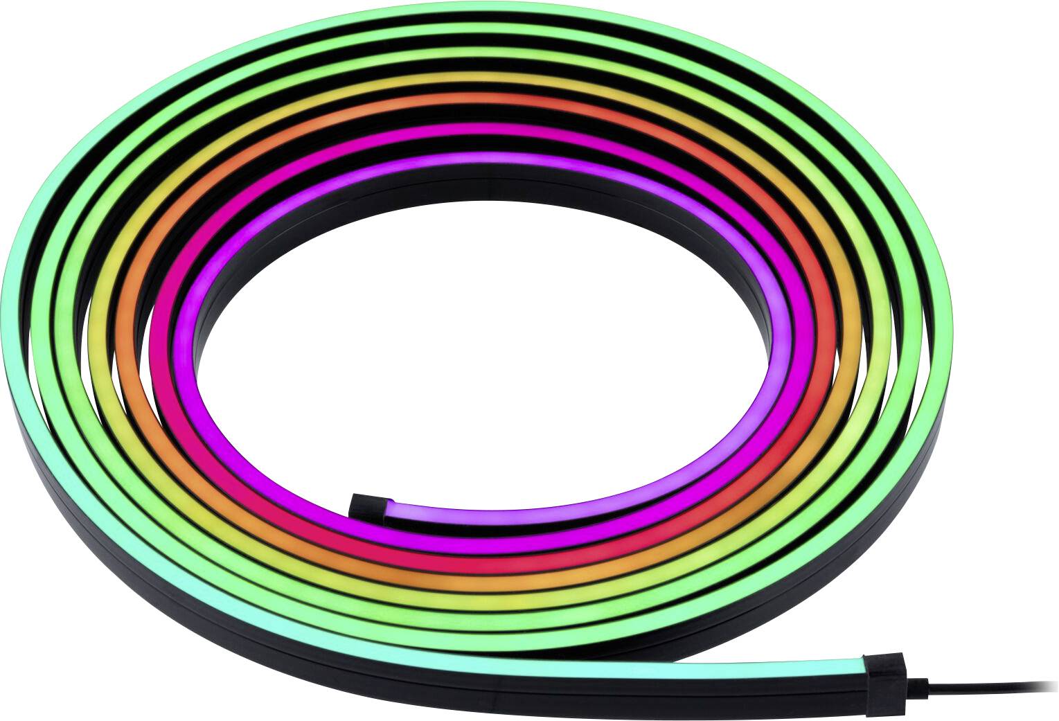 Ein dünner, mehrfarbiger LED-Streifen, der spiralförmig aufgerollt ist und in verschiedenen Farben leuchtet.