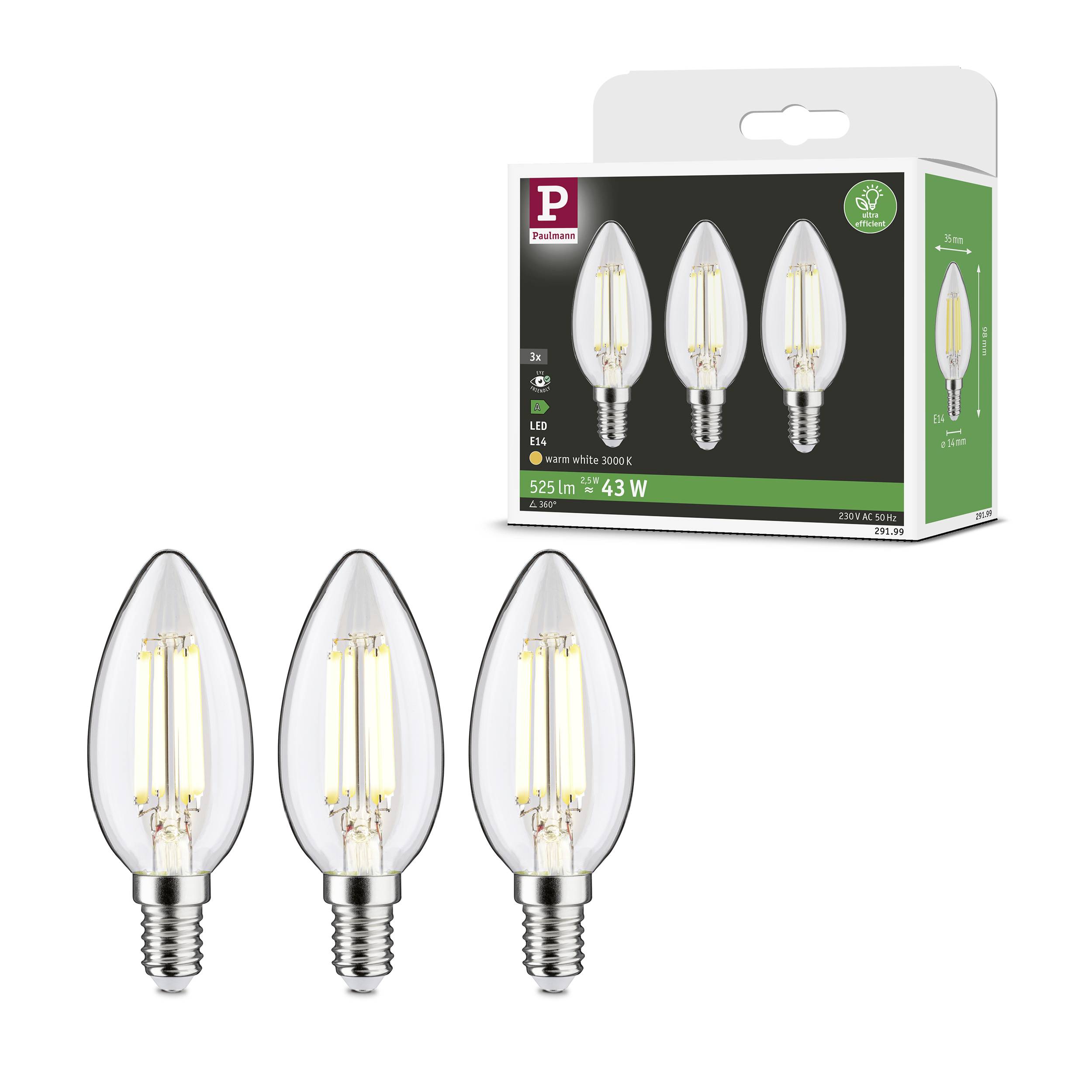 Paulmann 29199 LED EEK A (A - G) E14 Kerzenform 2.5W Warmweiß (Ø x H) 35mm x 98mm 3St.