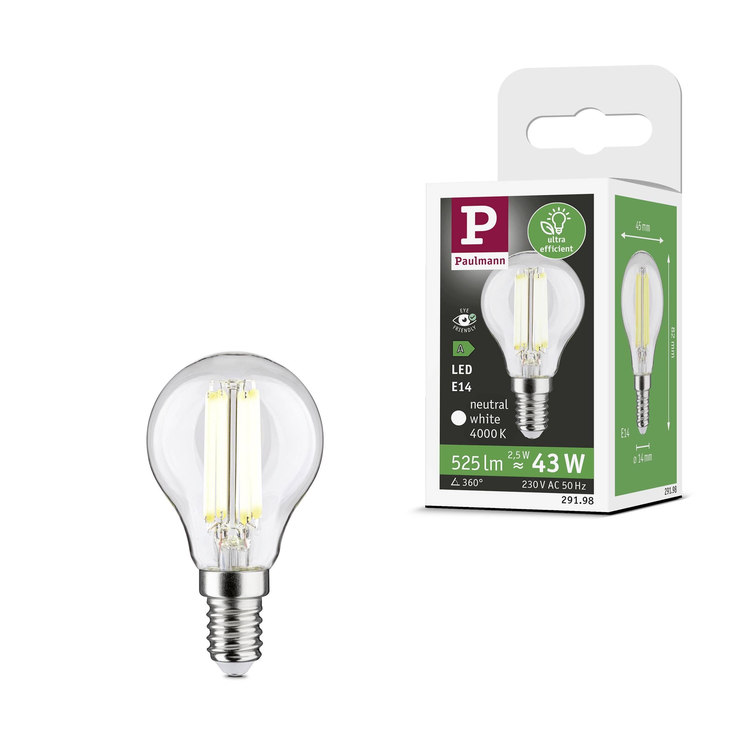 Paulmann 29198 LED EEK A (A - G) E14 Tropfenform 2.5W Neutralweiß (Ø x H) 45mm x 82mm 1St.
