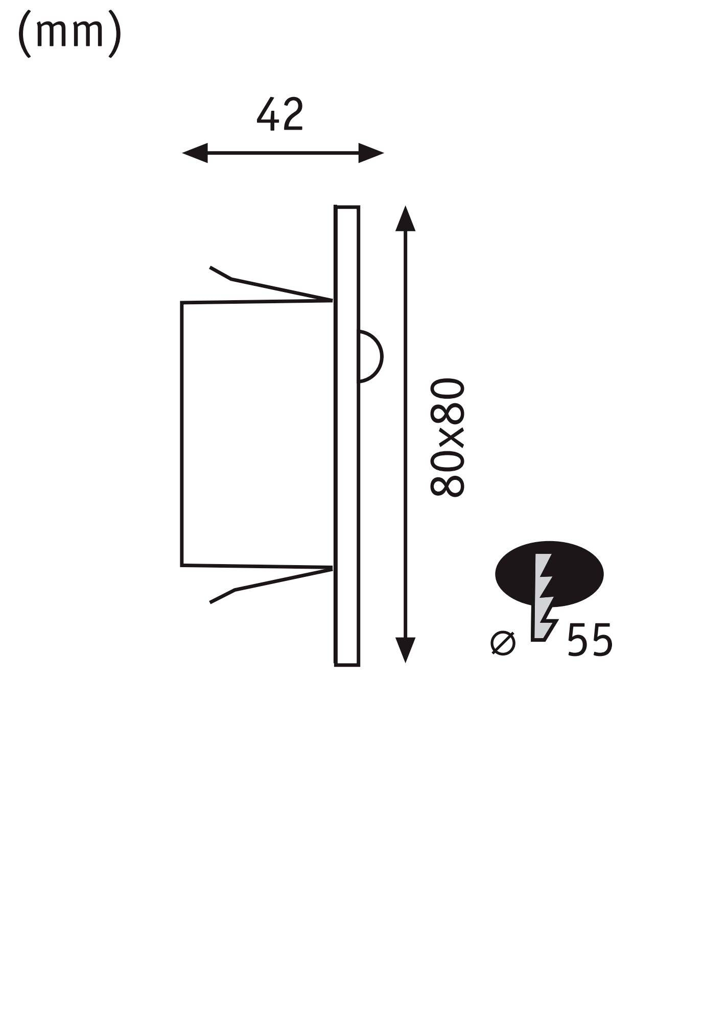 Diagramm einer Deckenleuchte mit Maßen: 42 mm Tiefe, 80x80 mm Frontgröße, Lochdurchmesser 55 mm.