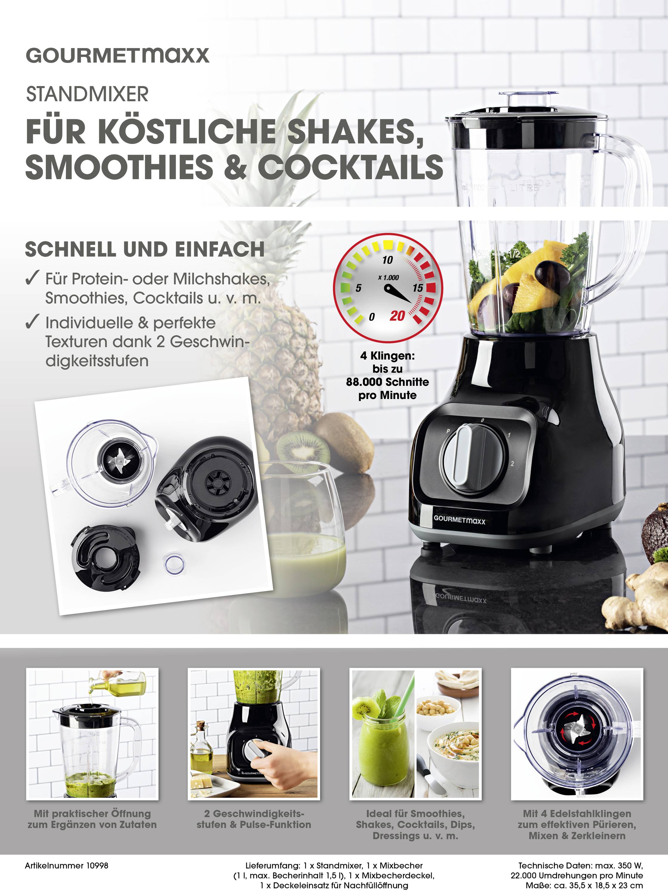 Ein schwarzer Standmixer mit Glasbehälter, Obst und Gemüse im Mixbehälter. Text oben: 'Für köstliche Shakes, Smoothies & Cocktails'.