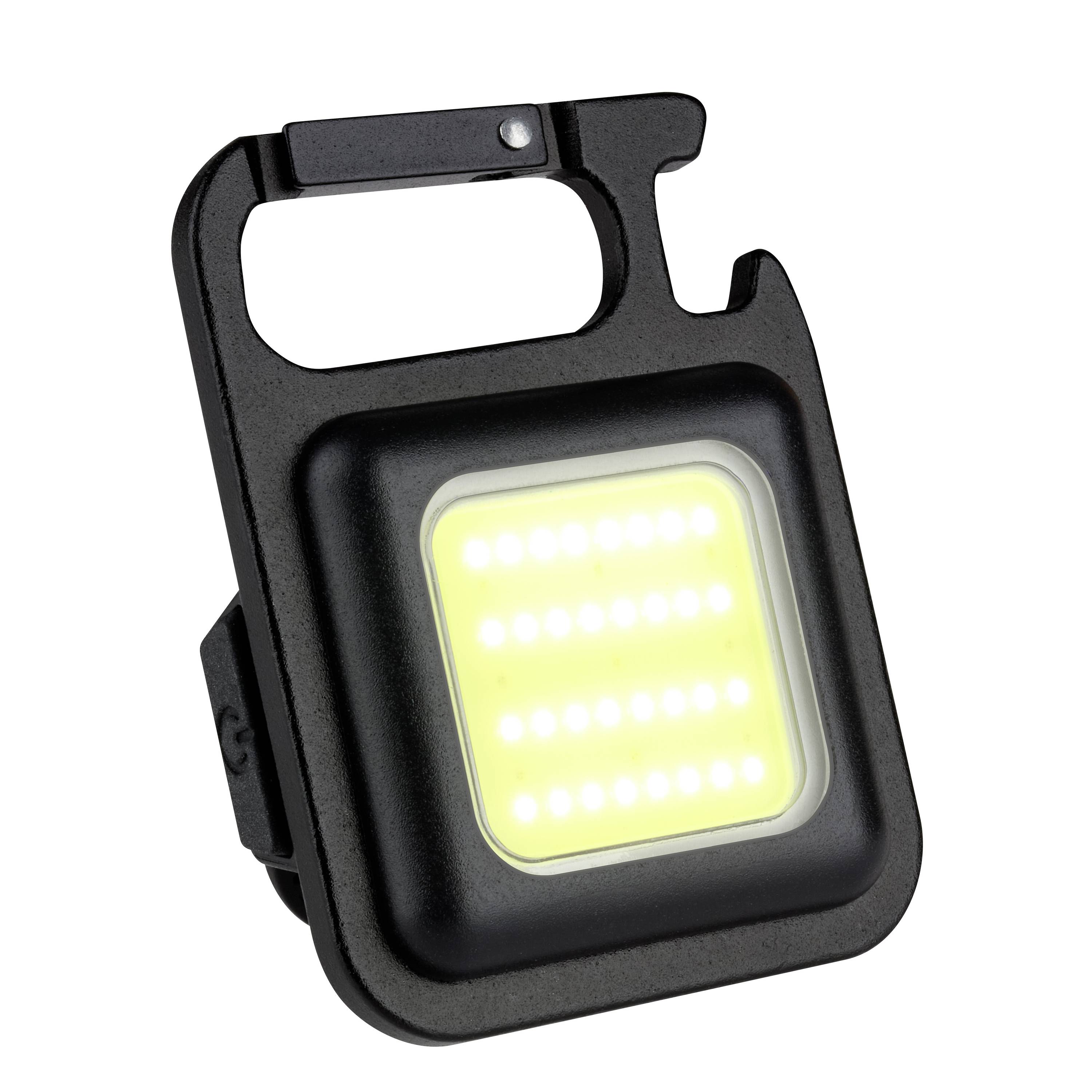 Ein tragbares, schwarzes LED-Licht mit quadratischer Form, geeignet zum Aufhängen oder Anbringen an Oberflächen, beleuchtet.