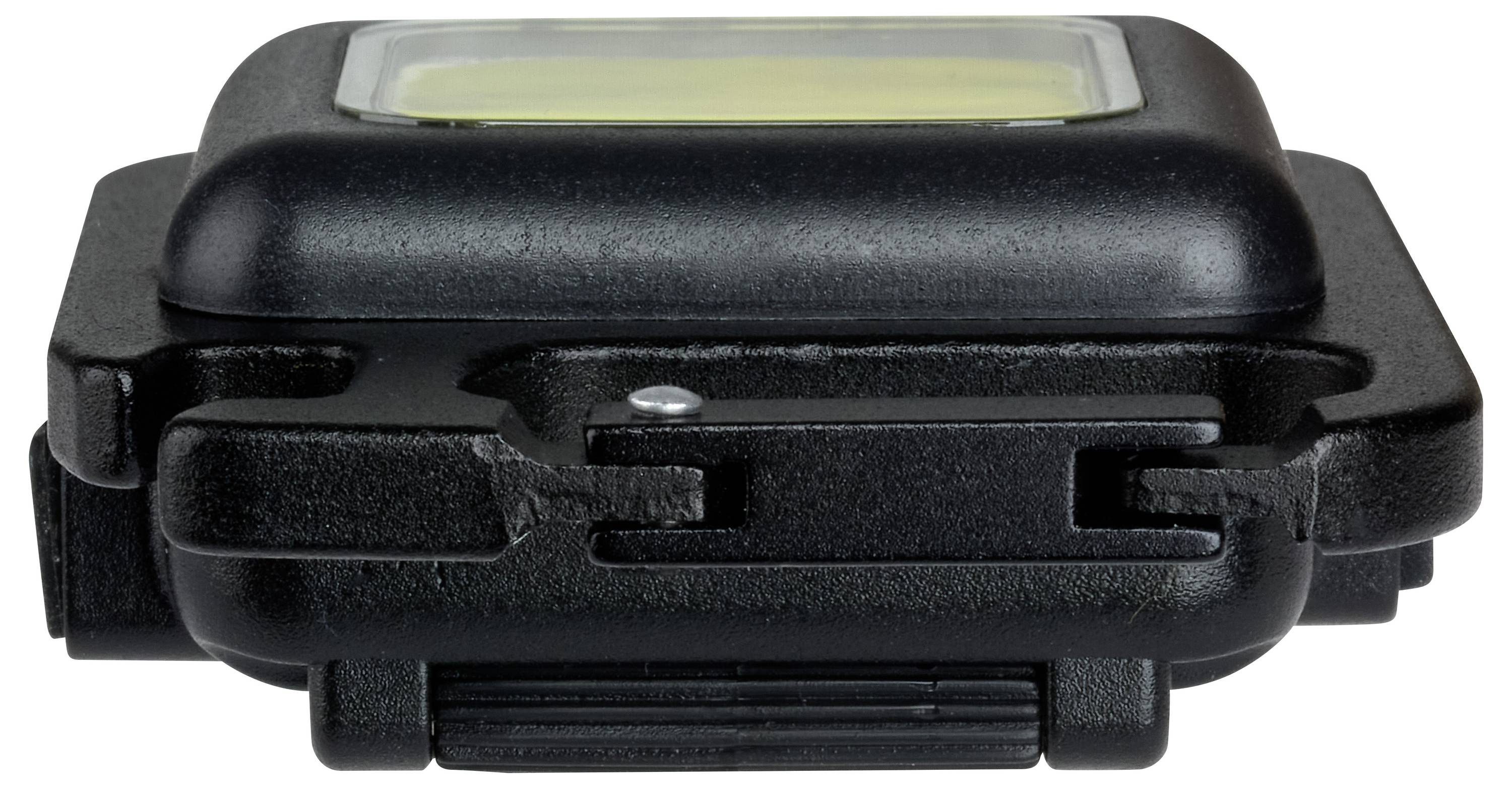 Ein rechteckiger, kompakter LED-Strahler in einem schwarzen Gehäuse, flach auf einer Oberfläche liegend, von der Seite fotografiert.