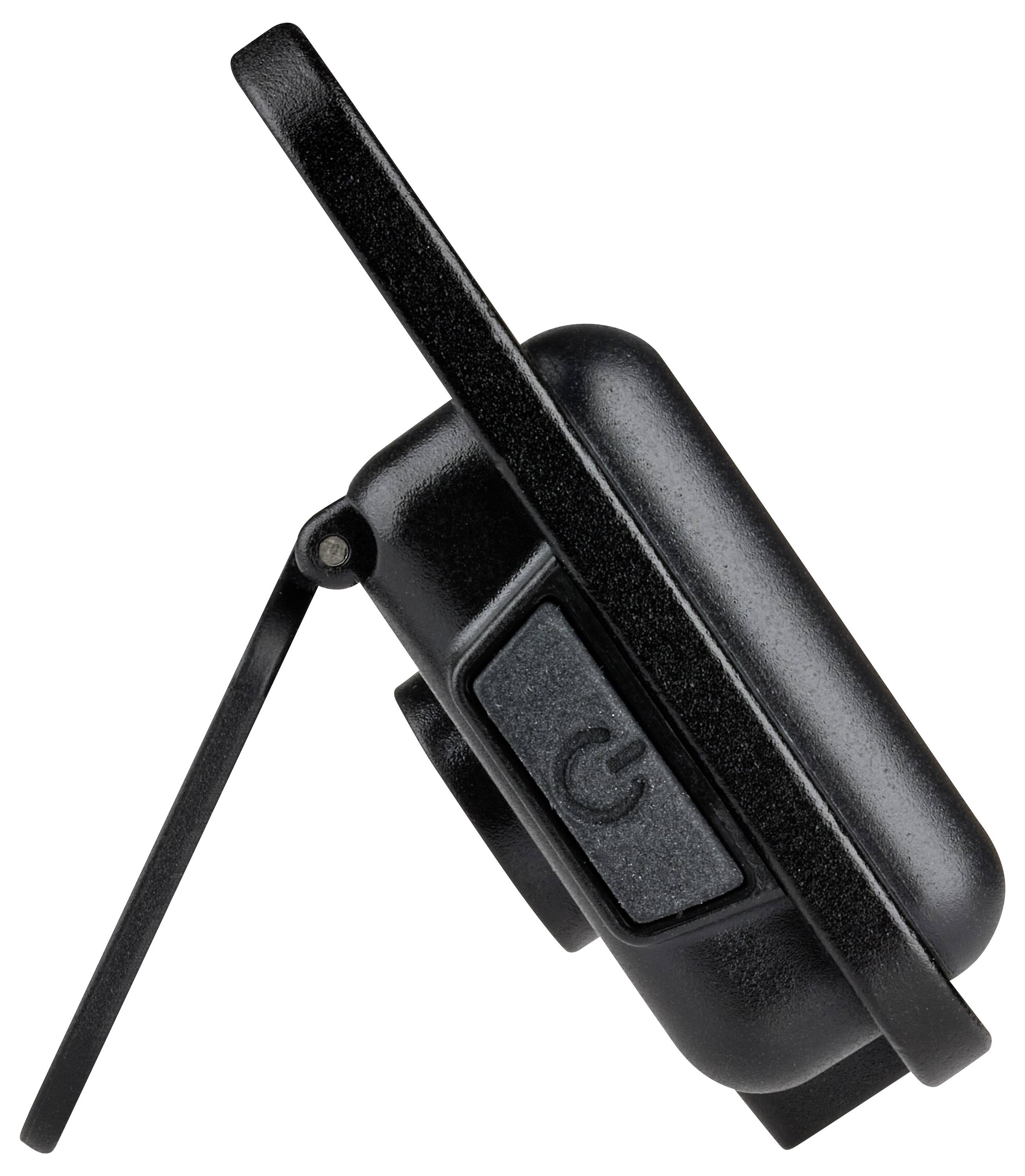 Tragbare schwarze Kamera im seitlichen Profil mit einem hervorstehenden Objektiv und einem Klappmechanismus.