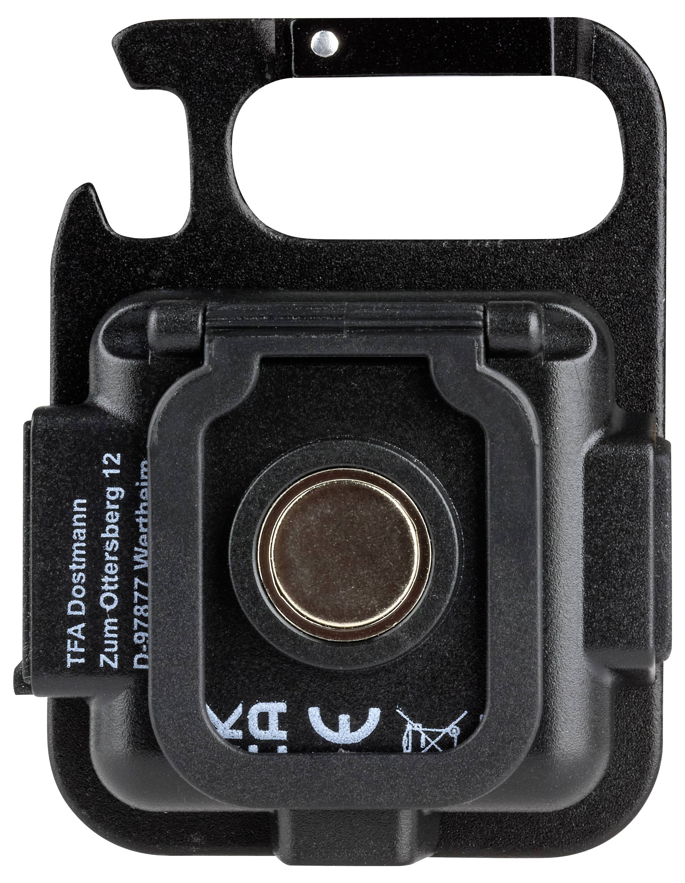 Ein schwarzes Kunststoffgehäuse mit einem runden Magneten in der Mitte. Auf der linken Seite sind weiße Textinformationen aufgedruckt.