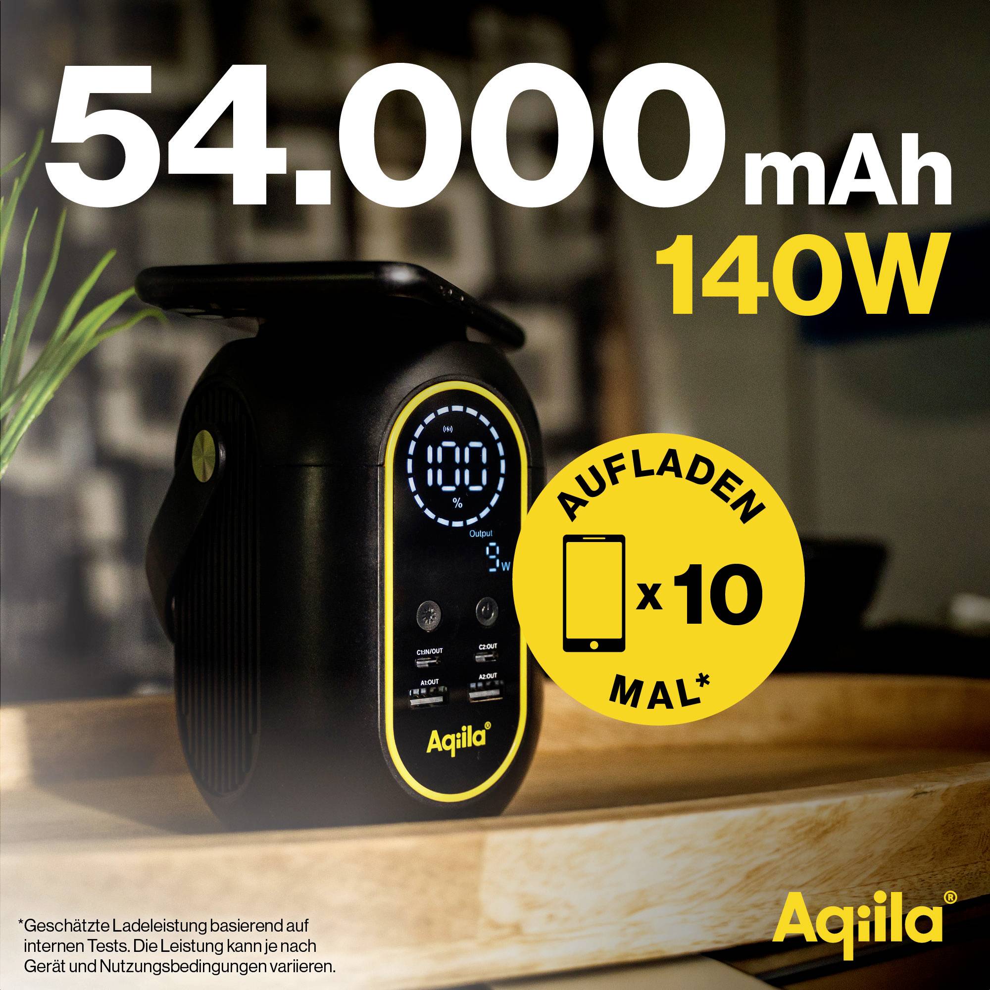 Powerbank mit 54.000 mAh Kapazität und 140 W Leistung, abgebildet mit Ladeanzeige und Hinweis 'Aufladen x10 mal'. Ideal zum Aufladen mehrerer Geräte.