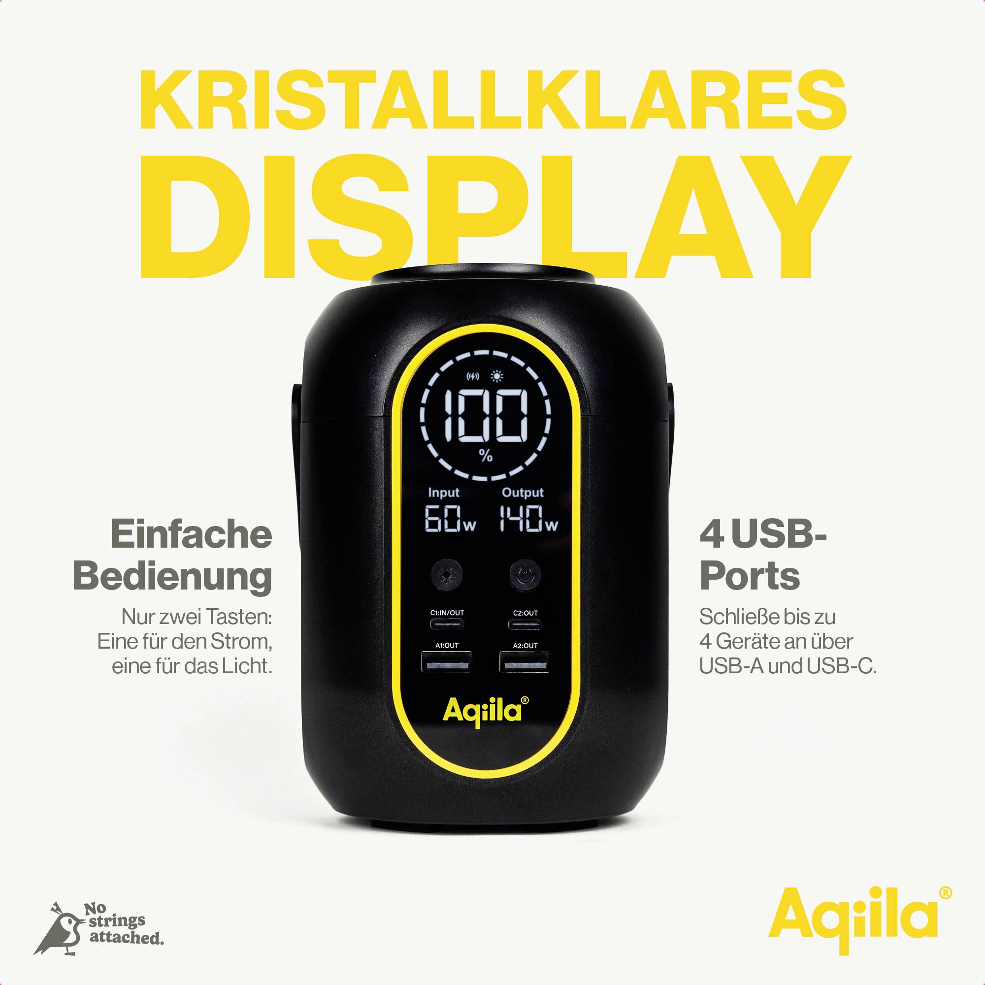 Schwarzes elektronisches Gerät mit digitalem Display. Zeigt Eingangs- und Ausgangsleistung. Bewirbt einfache Bedienung und vier USB-Ports. Hintergrundtext: 'Kristallklares Display'.