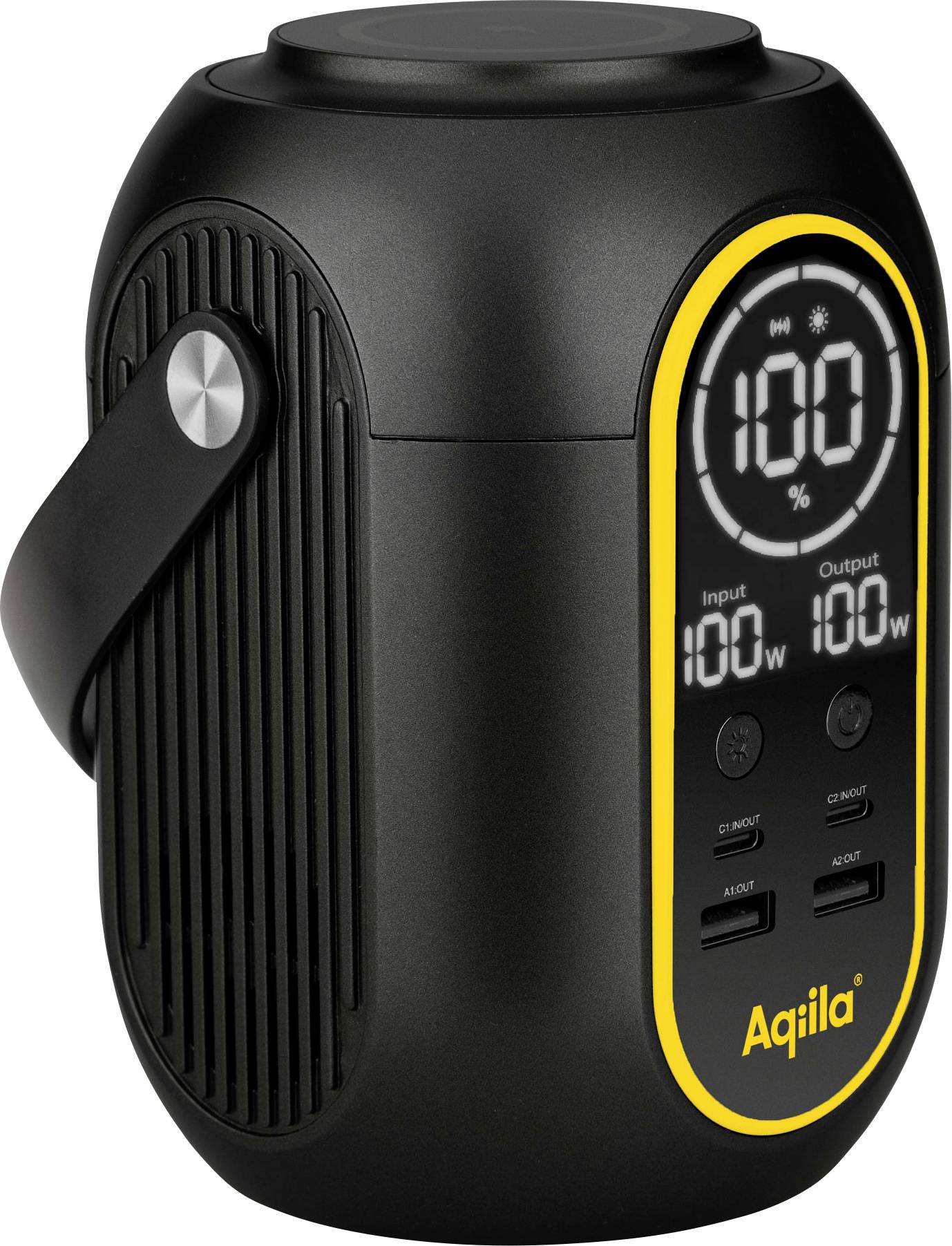 Tragbarer Lautsprecher in zylindrischer Form mit digitaler Anzeige. Zeigt '100%' Batteriestand, 100W Input und Output. Marke 'Aqiila'.