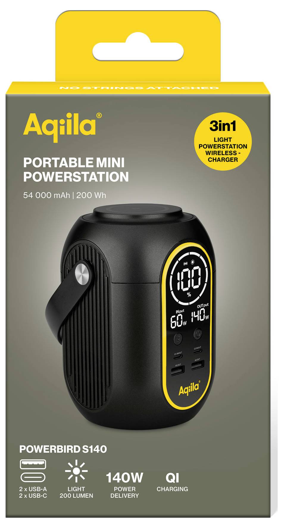 Portable Mini Powerstation Aqila, 54.000 mAh, 200 Wh, Powerbank, LED-Leuchte, Power Delivery 140 W, Qi-Laden, USB-A, USB-C