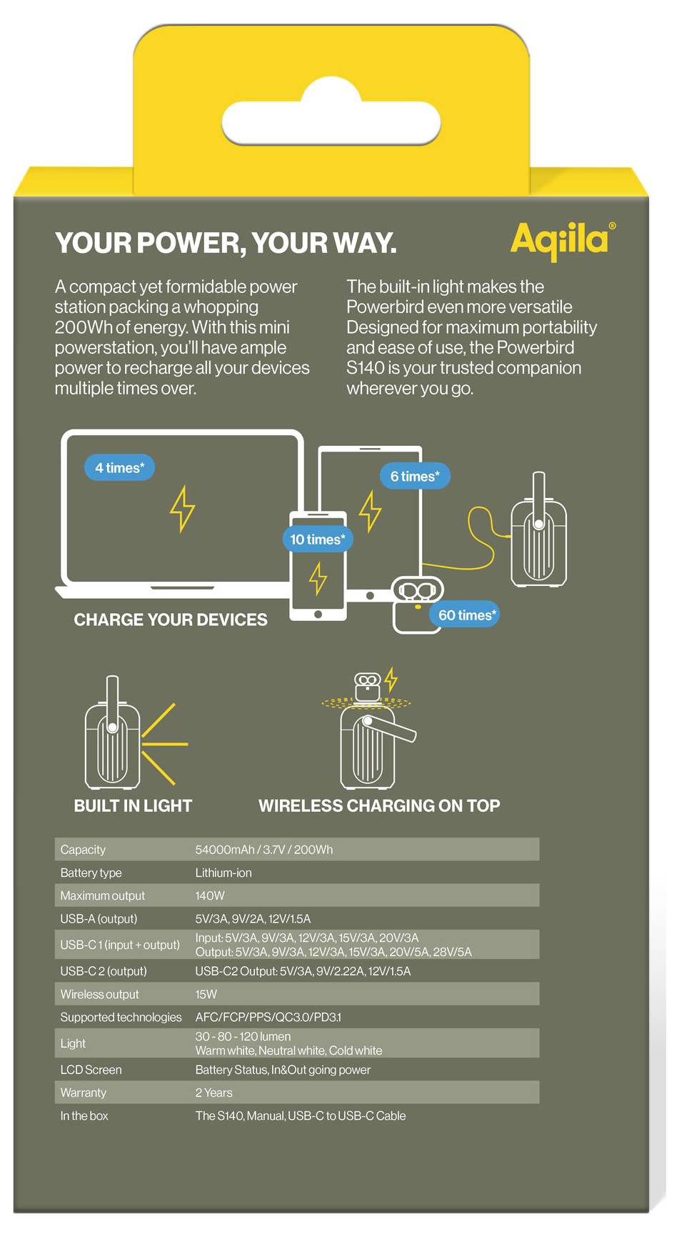 Aqiila S140 Powerstation 54Ah Li-Ion USB-A, USB-C®, Wireless Charging Schwarz LED Taschenlampe, Statusanzeige, gleichzeitiges