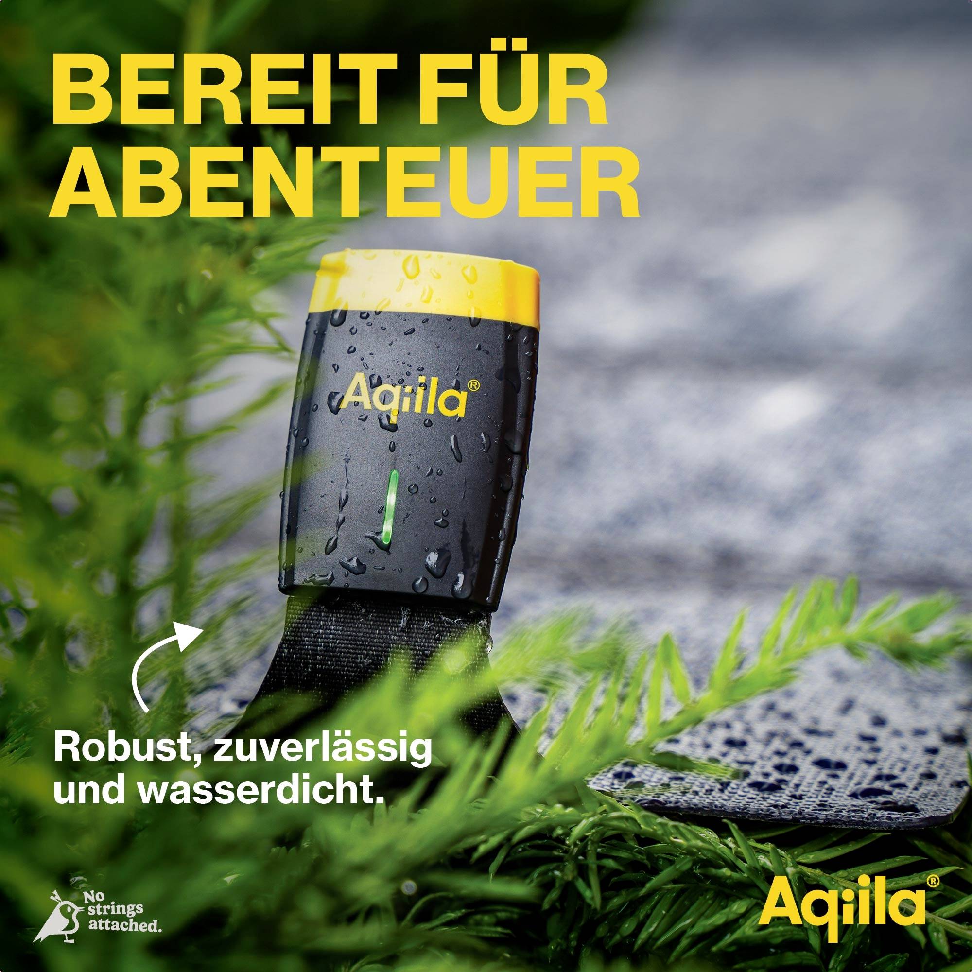 Ein robustes, wasserdichtes Gerät liegt auf einem Tisch in einem Wald. Der Text lautet: 'Bereit für Abenteuer' und 'Robust, zuverlässig und wasserdicht'.