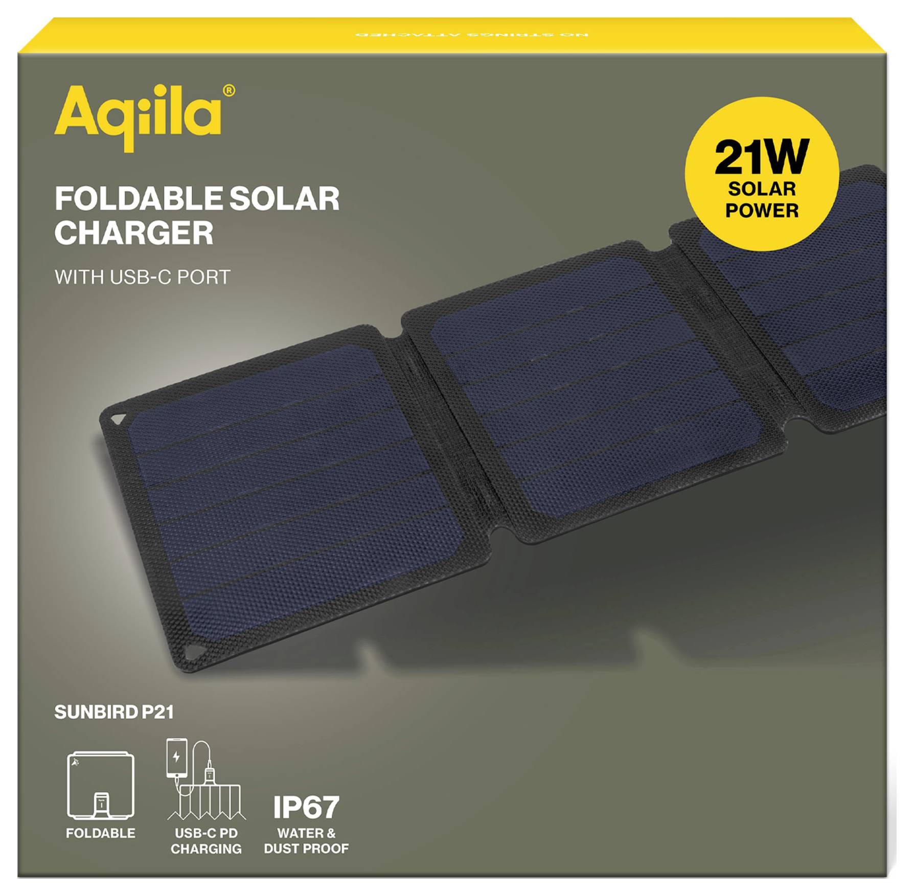 Faltbares Solarladegerät mit USB-C-Anschluss, 21W Solarkraft, Sunbird P21, IP67 wasser- und staubdicht.