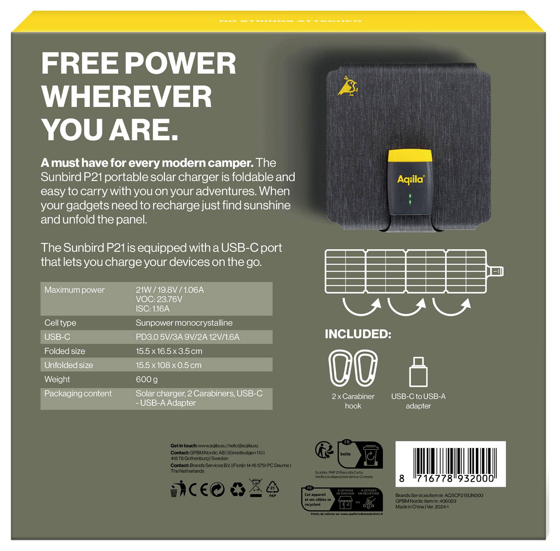 Die Abbildung zeigt eine Verpackung für das Aquila Sunbird P21 Solarladegerät. Es enthält technische Spezifikationen und den Lieferumfang.