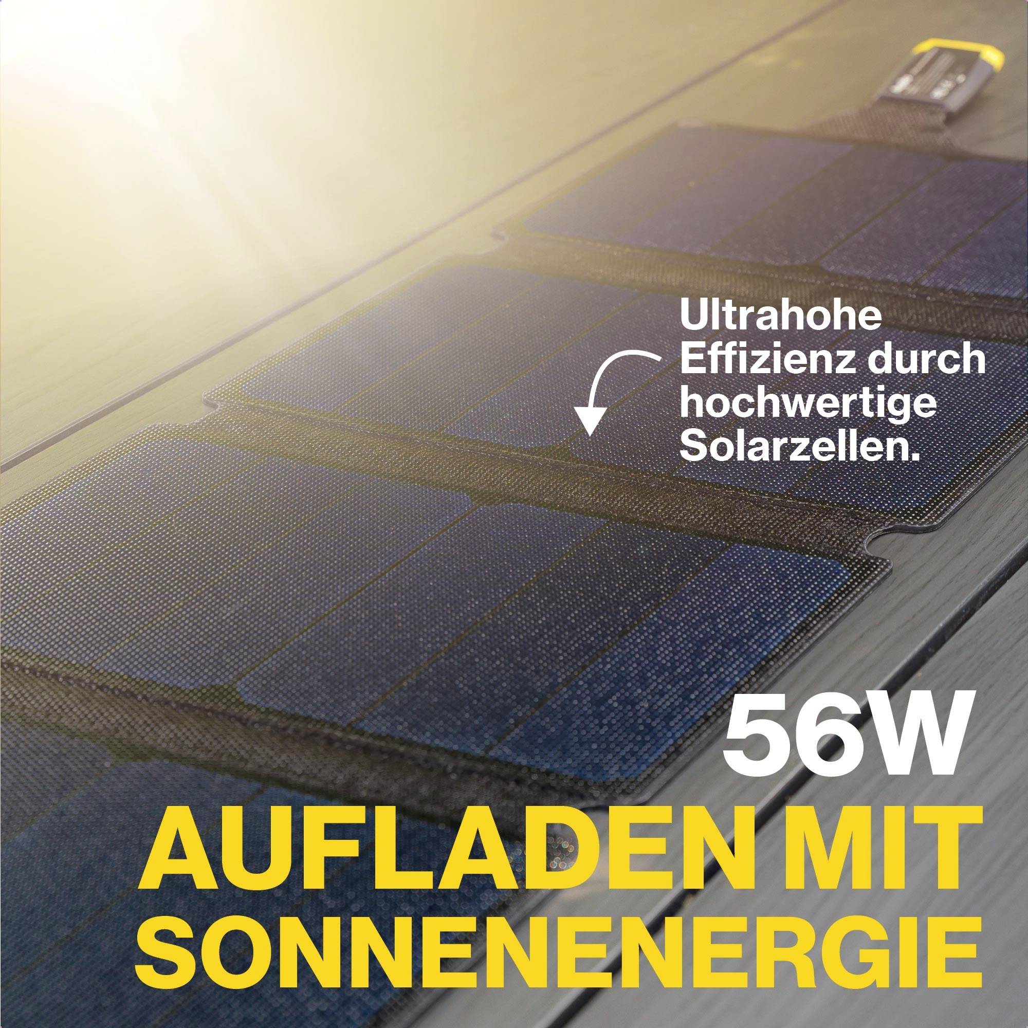 Solarpanel lädt mit Sonnenenergie auf, 56W. Hinweis auf ultrahohe Effizienz durch hochwertige Solarzellen.