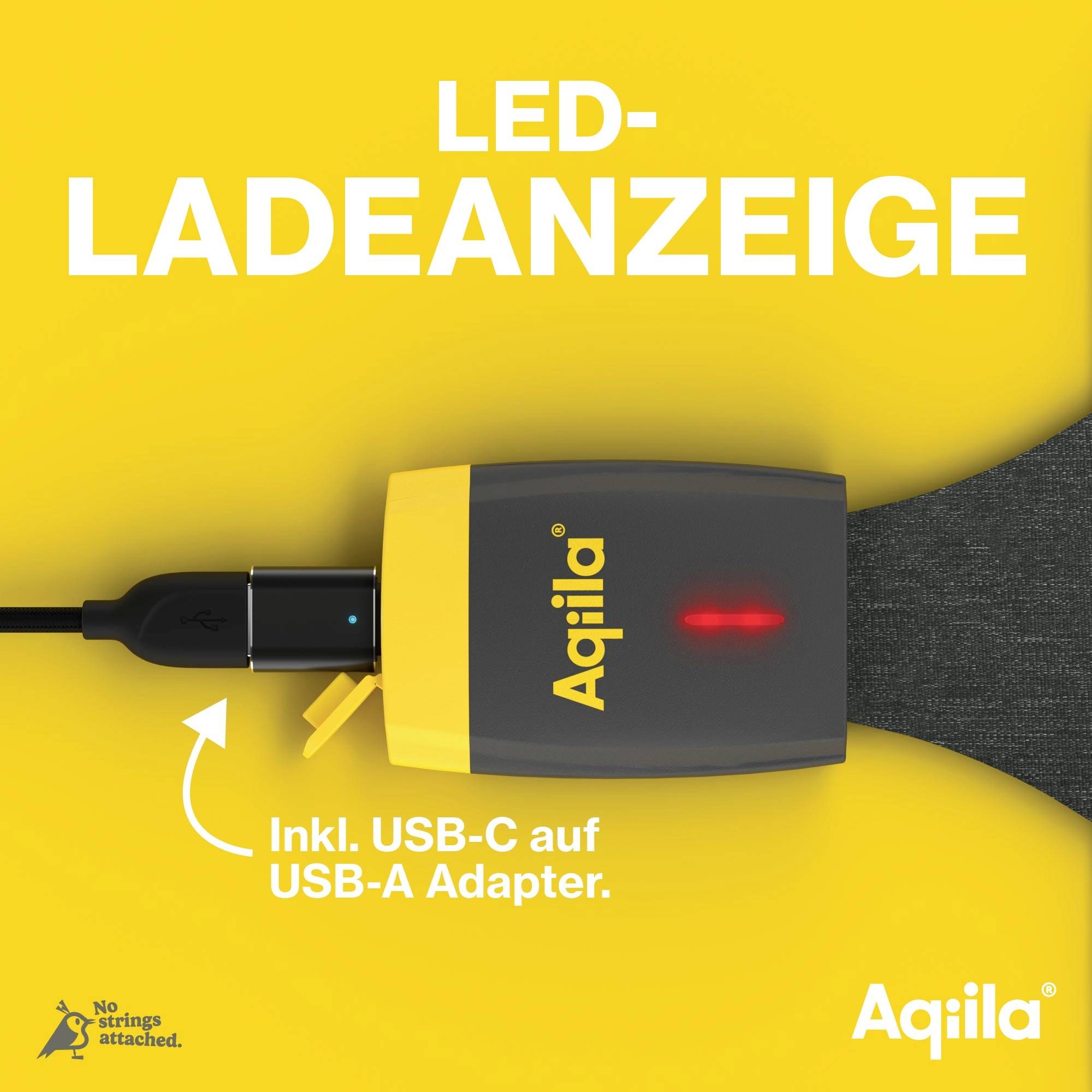 'LED-Ladeanzeige' zeigt roten Punkt zur Statusanzeige. USB-C auf USB-A Adapter abgebildet. Produkt von Firma auf gelbem Hintergrund.