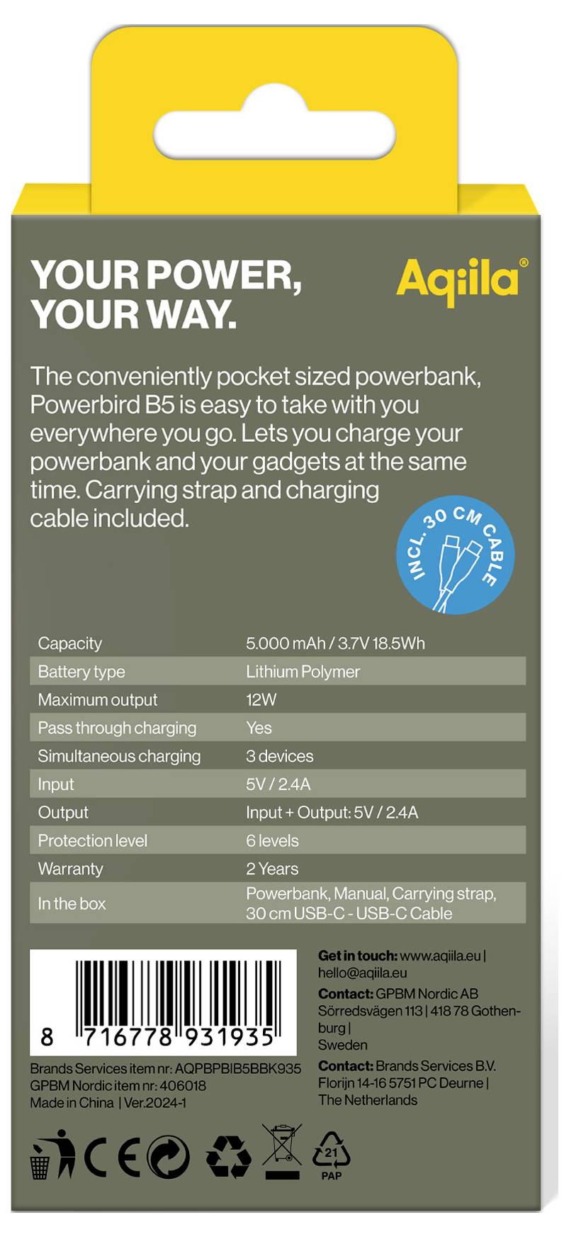 Aqiila Powerbird B5B Powerbank 5000 mAh LiPo USB-A, USB-C® Schwarz