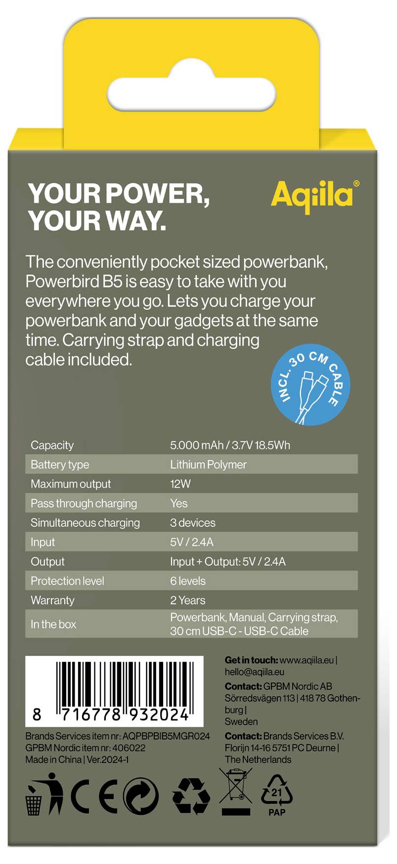 Aqiila Powerbird B5M Powerbank 5000 mAh LiPo USB-A, USB-C® Moosgrün