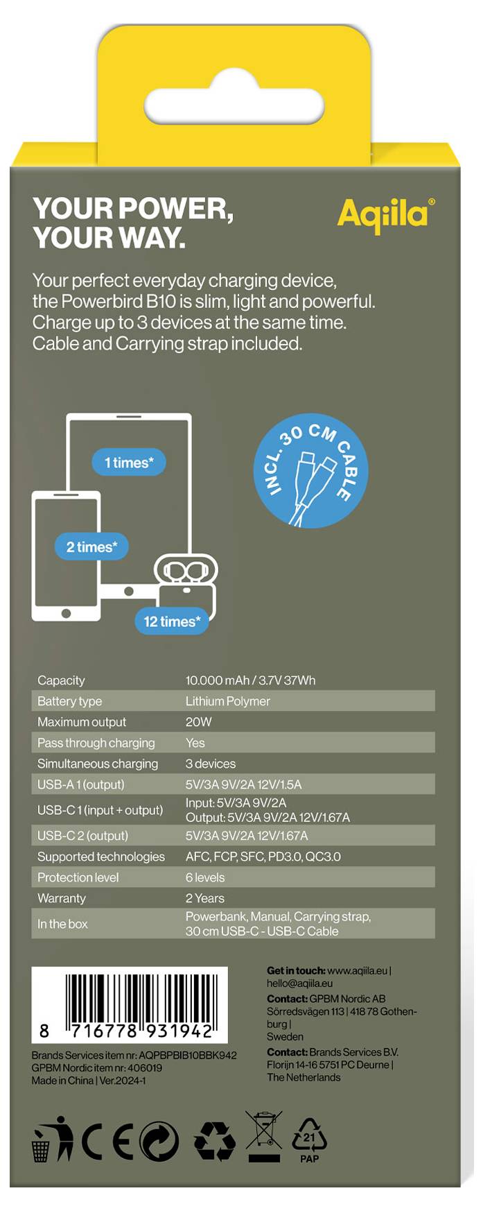 Aqiila Powerbird B10B Powerbank 10000 mAh LiPo USB-A, USB-C® Schwarz