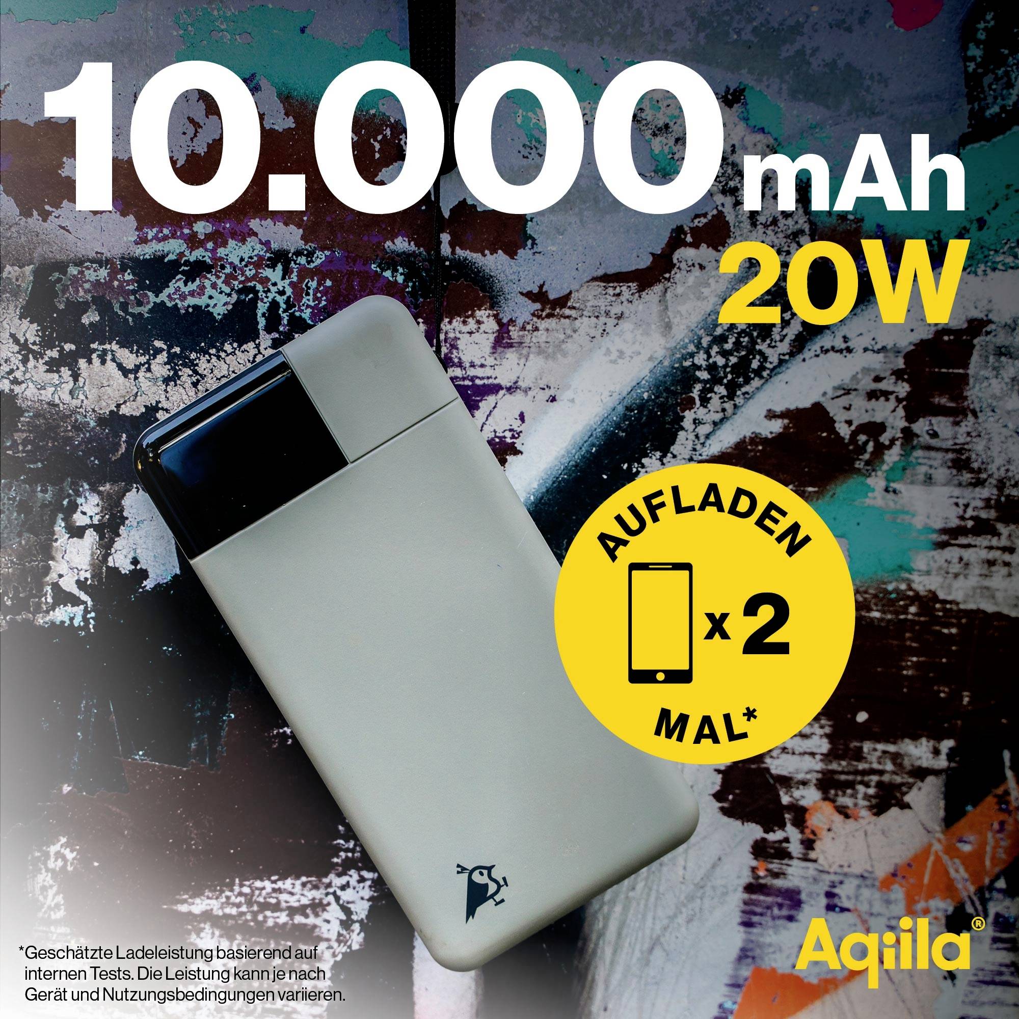 Tragbares Ladegerät mit 10.000 mAh Kapazität und 20W Leistung. Kann bis zu zweimal aufgeladen werden. Marke: Aqiila.