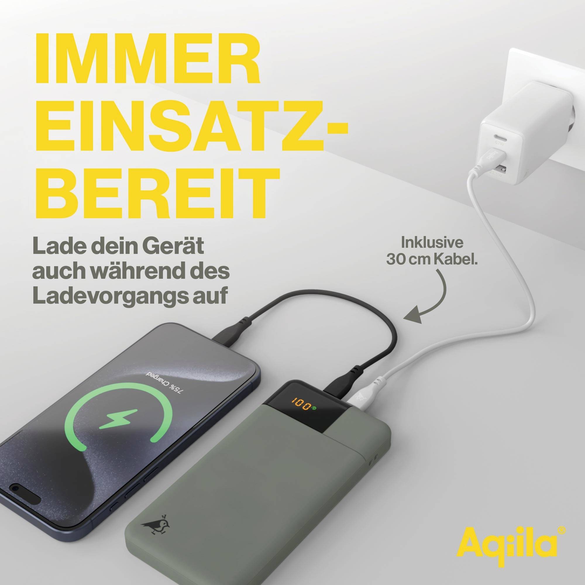 Eine Powerbank lädt ein Smartphone über ein kurzes Kabel. Text: 'Immer einsatzbereit', 'Lade während des Ladevorgangs auf'.