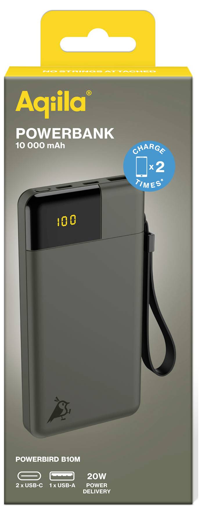 Verpackung einer schwarzen Powerbank, Modell 'Powerbird B10M', 10.000 mAh, zeigt Display mit Ladestandsanzeige. Enthält USB-C- und USB-A-Anschlüsse.