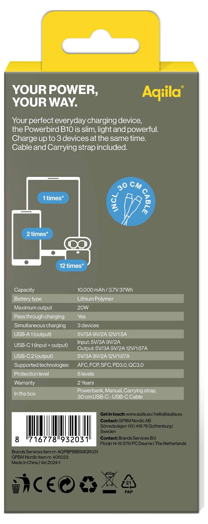 Rückseite einer Powerbank-Verpackung von 'Aqiila'. Zeigt Ladezeiten für bis zu drei Geräte, Kabellänge (30 cm) und technische Spezifikationen.