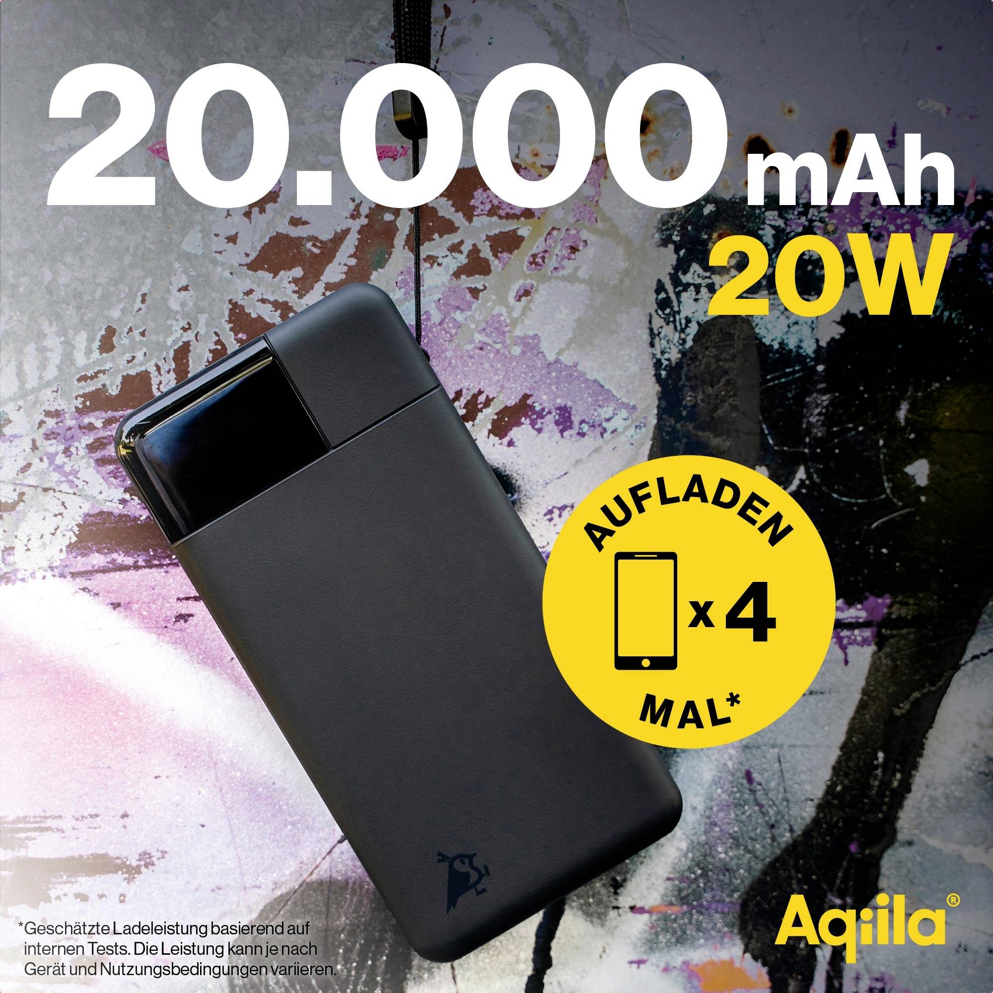 Tragbare Powerbank mit 20.000 mAh Kapazität und 20W Leistung. Kann ein Smartphone bis zu viermal aufladen.