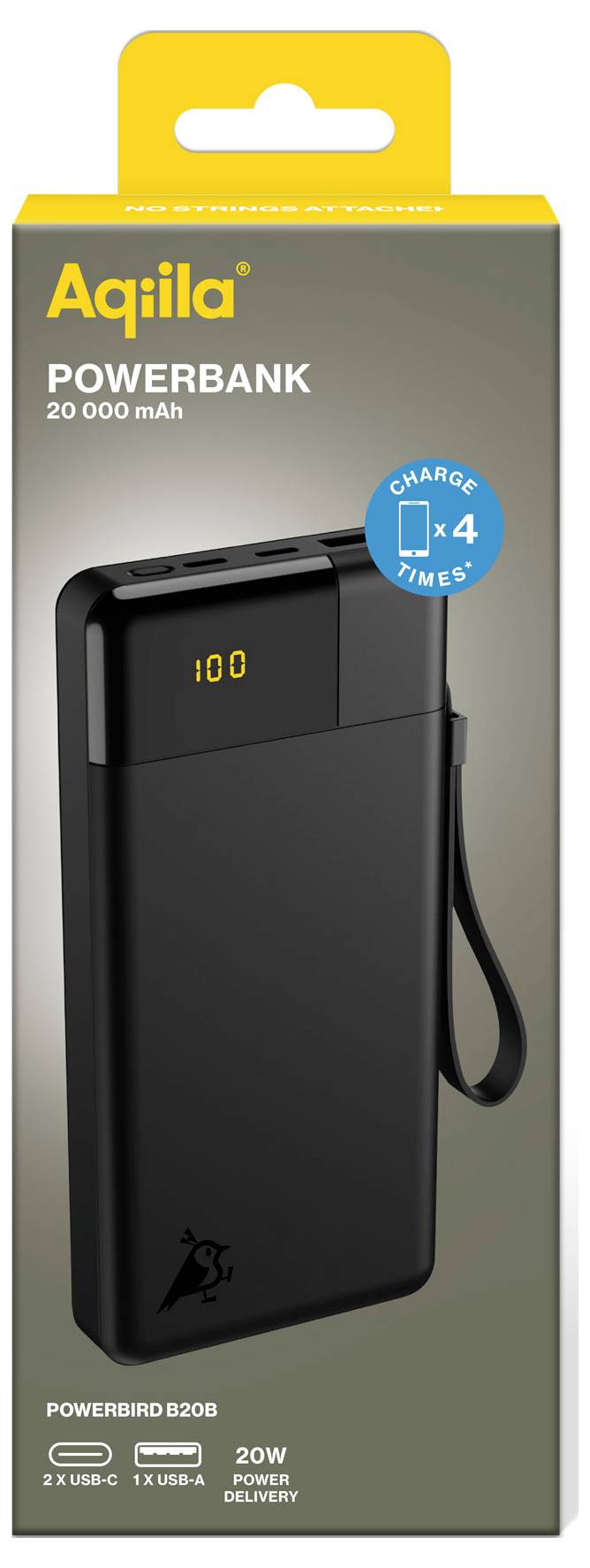 'Powerbank Aqila, 20.000 mAh, 20W, schwarz; Option zum vierfachen Aufladen, 2x USB-C und 1x USB-A Anschlüsse' Verpackung.