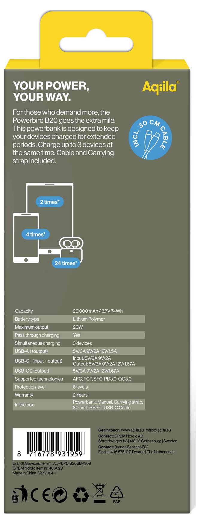 Powerbank-Verpackung mit Informationen: Kapazität 20000 mAh, kann bis zu 3 Geräte gleichzeitig laden. Eignet sich für Smartphones, Tablets, Kopfhörer.