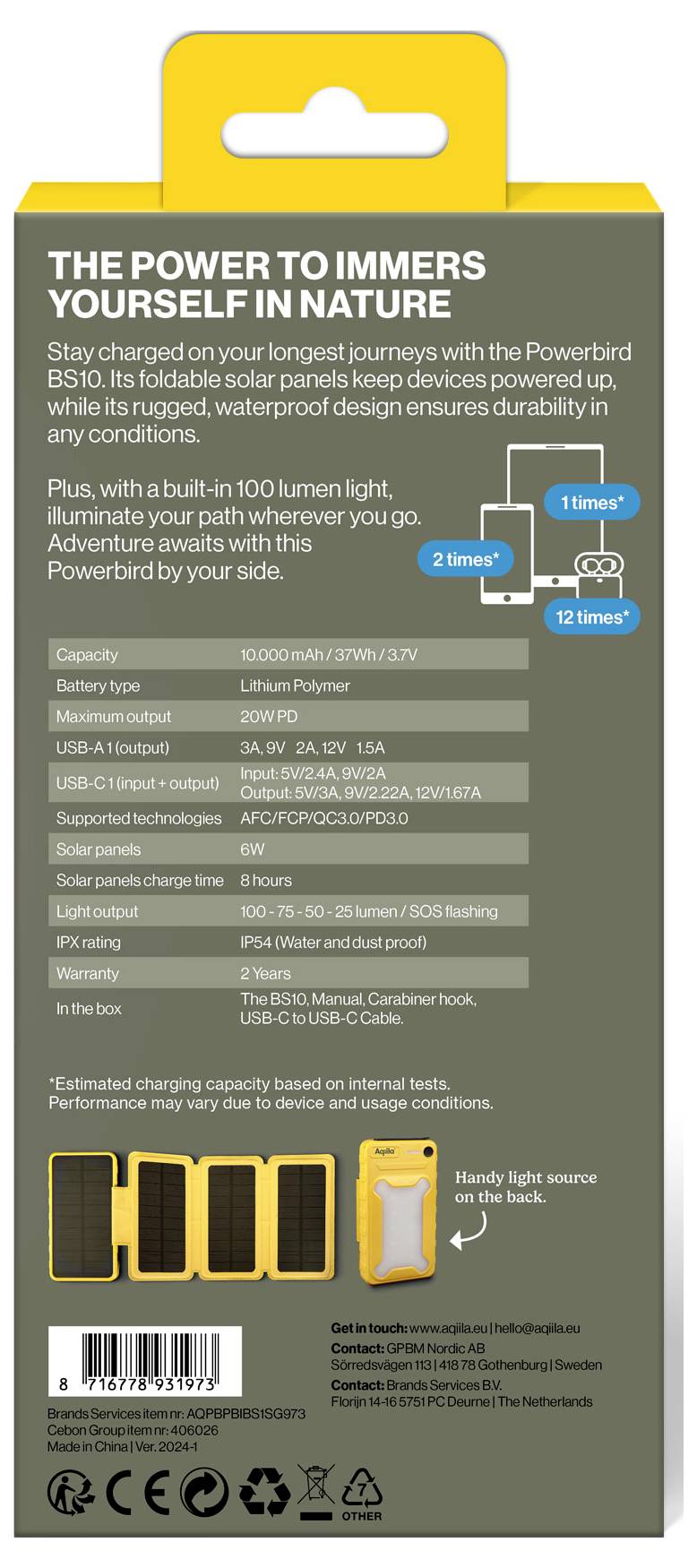 Aqiila Powerbird BS10 AQPBPBIBS1SG973 Solar-Powerbank 6W 10000 mAh