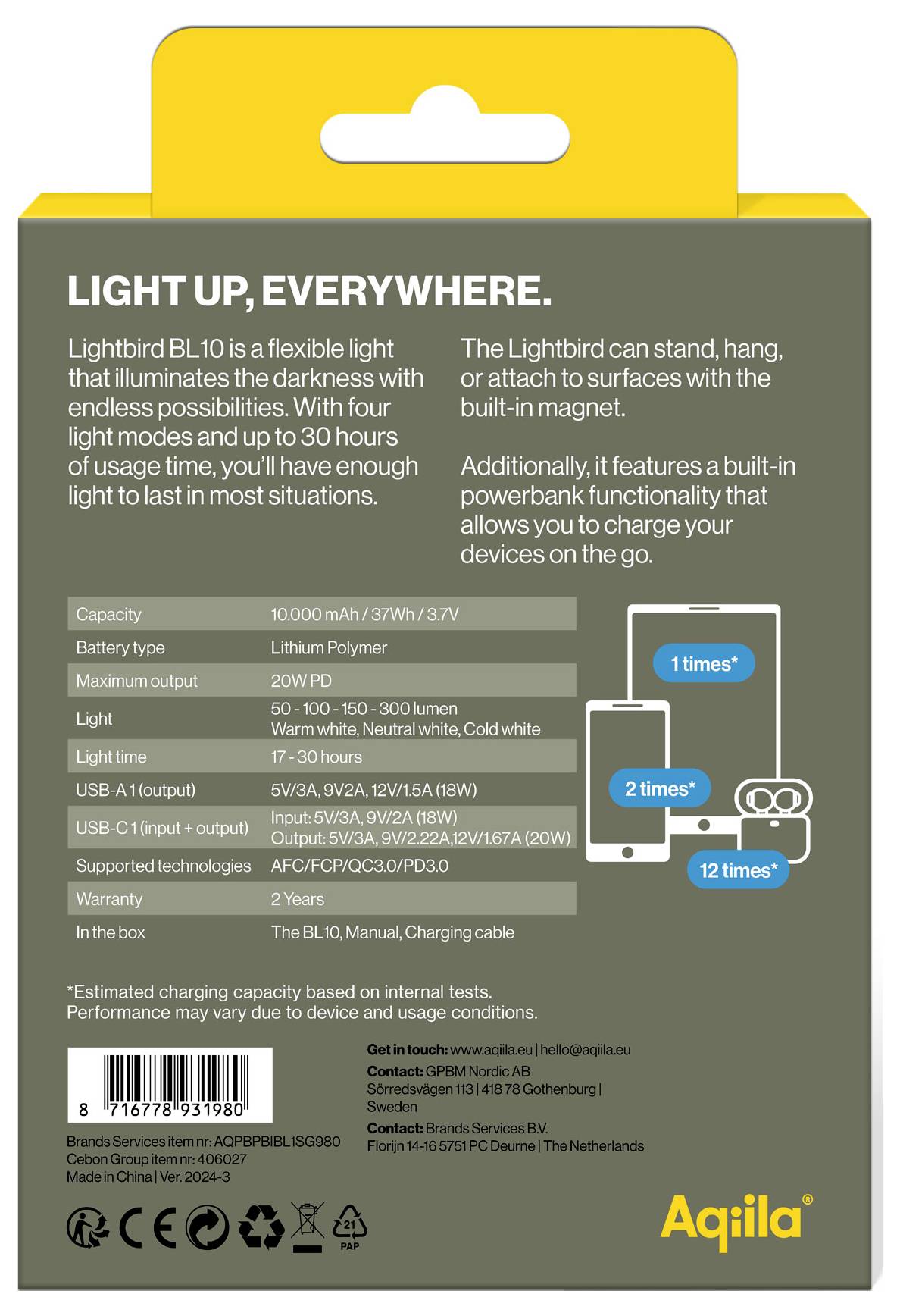 Aqiila AQPBPBIBL1SG980 Lightbird BL10 LED Camping-Leuchte 300lm akkubetrieben 278g