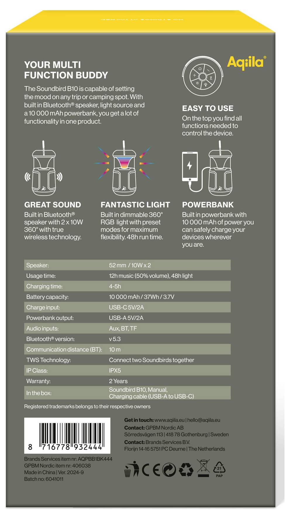 Aqiila AQPBB1BK444 Soundbird B10 LED Camping-Leuchte akkubetrieben 954g Schwarz