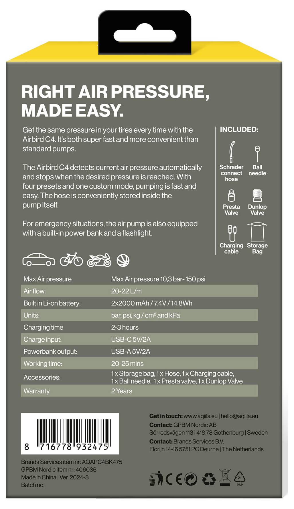 Aqiila AQAPC4BK475 Akku-Kompressor Airbird C4 10.3 bar