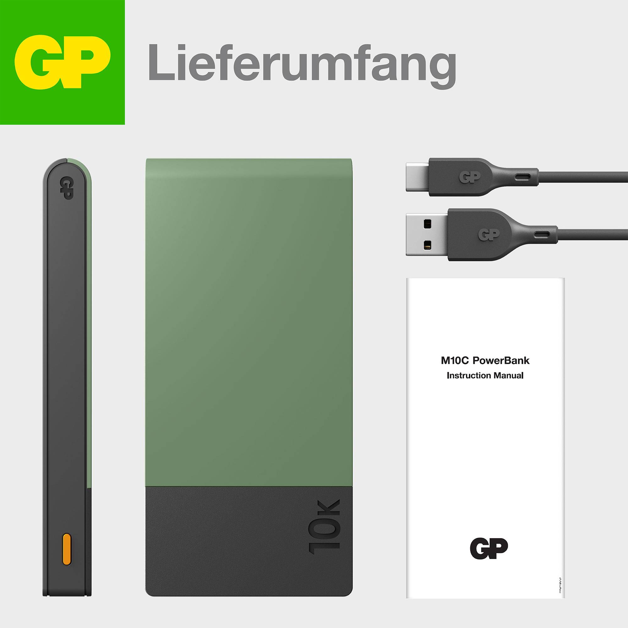 Powerbank mit 10.000 mAh Kapazität, Ladekabel und Bedienungsanleitung von GP.