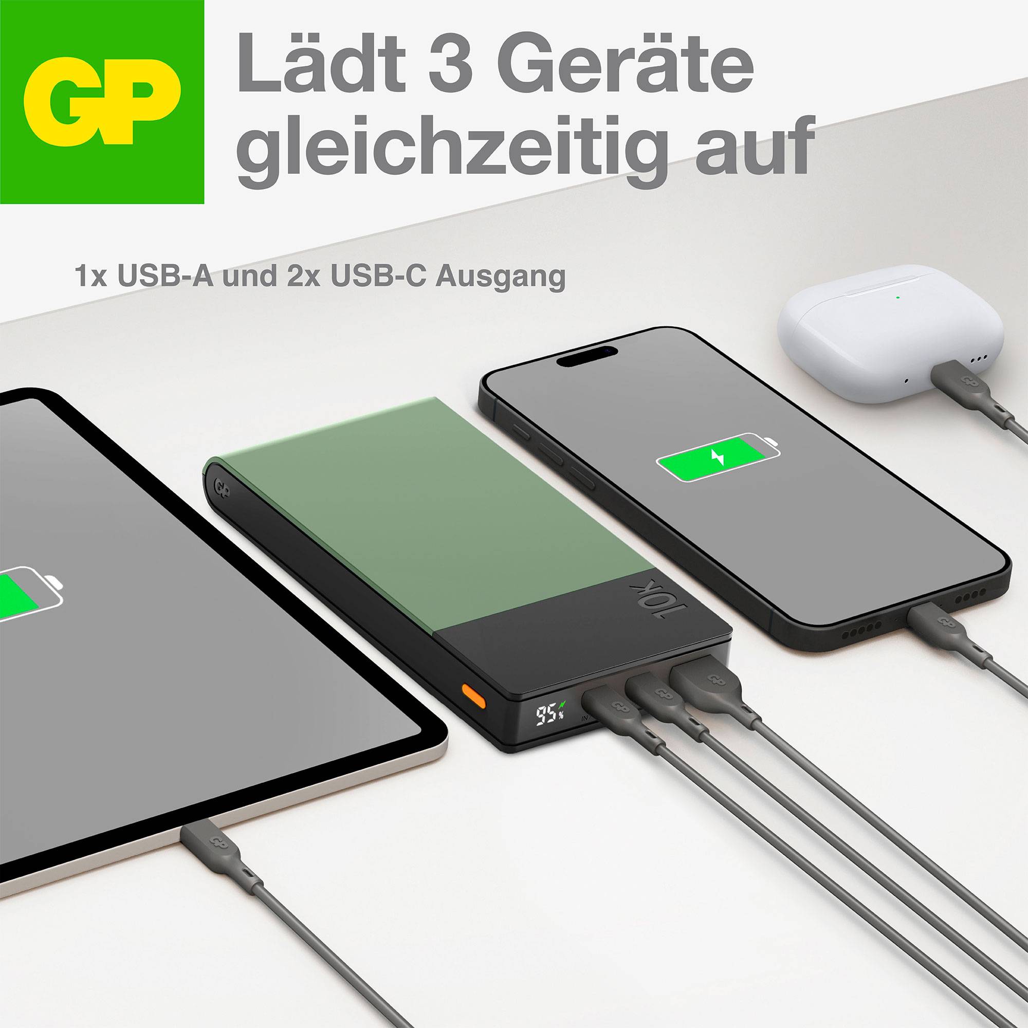 'Lädt 3 Geräte gleichzeitig auf: 1x USB-A und 2x USB-C Ausgang.' Bild zeigt drei Geräte, die mit einem Ladegerät verbunden sind.