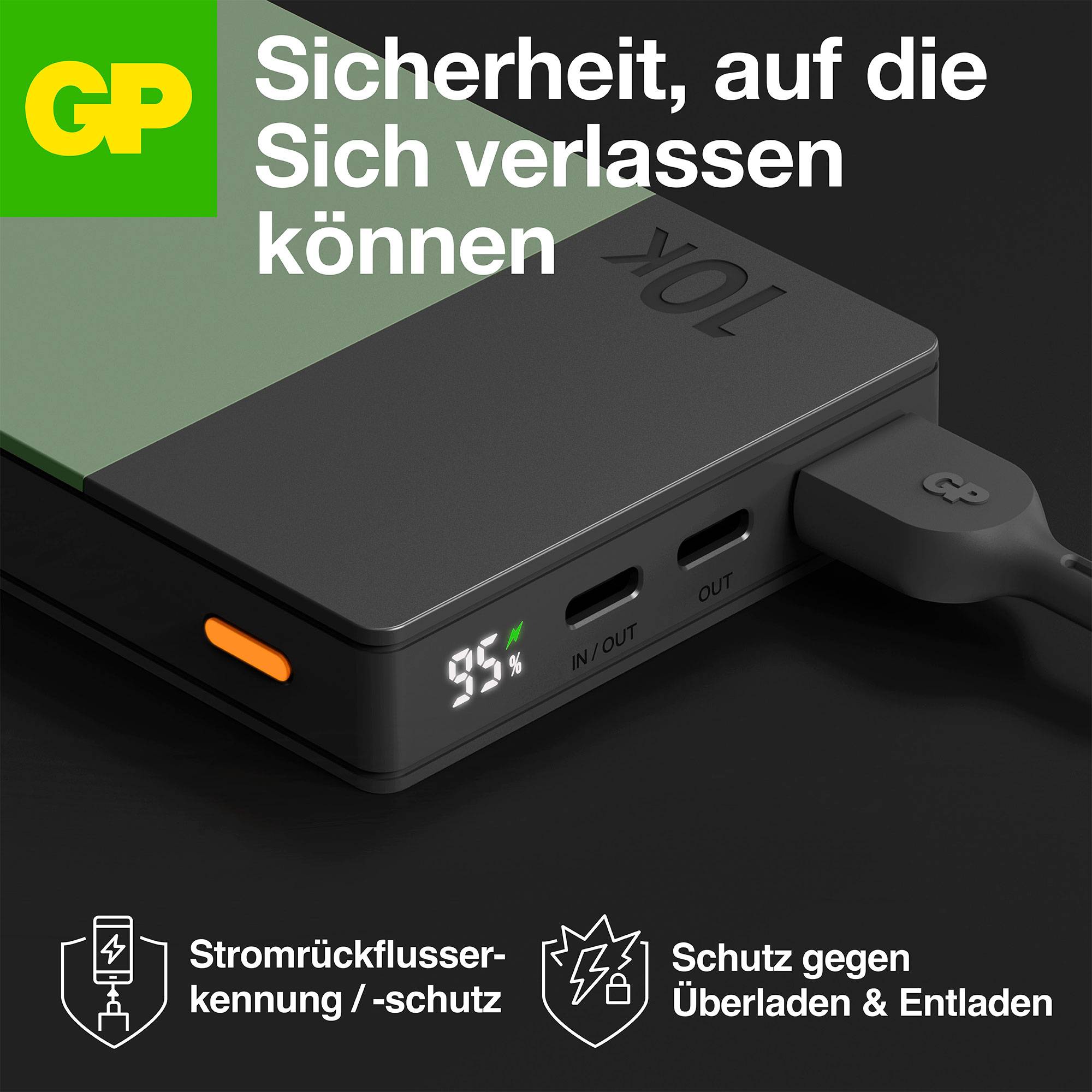 Schwarzes Ladegerät mit digitaler Anzeige (95%). Text: 'Sicherheit, auf die Sie sich verlassen können'. Symbole für Überladen und Spannungsschutz.