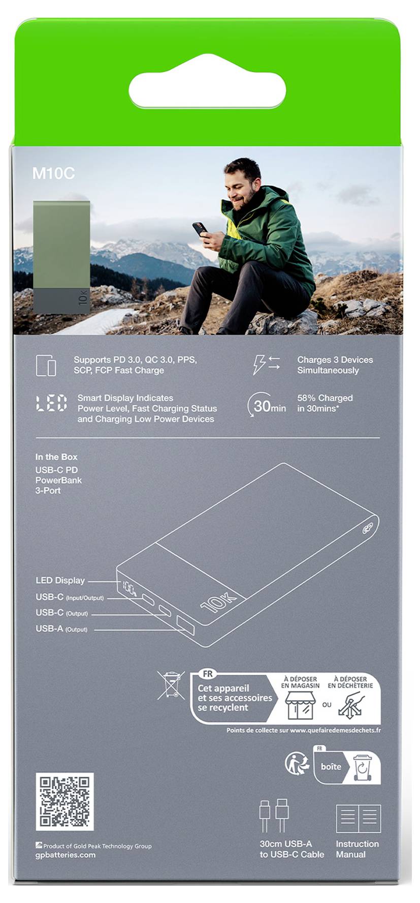Rückseite einer Verpackung für eine Powerbank. Enthält Details über die Ladeleistung und -technologie. Illustration der Powerbank und USB-Anschlüsse sind zu sehen.
