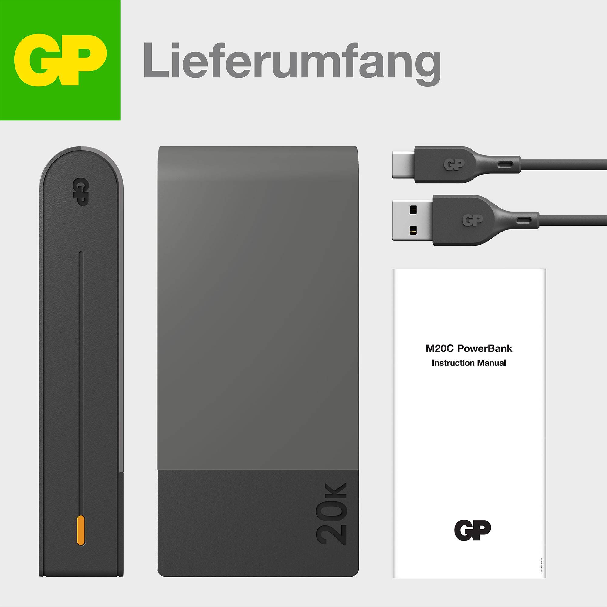 'GP' Powerbank mit 20k Kapazität, USB-Kabel und Gebrauchsanweisung für Modell M20C.