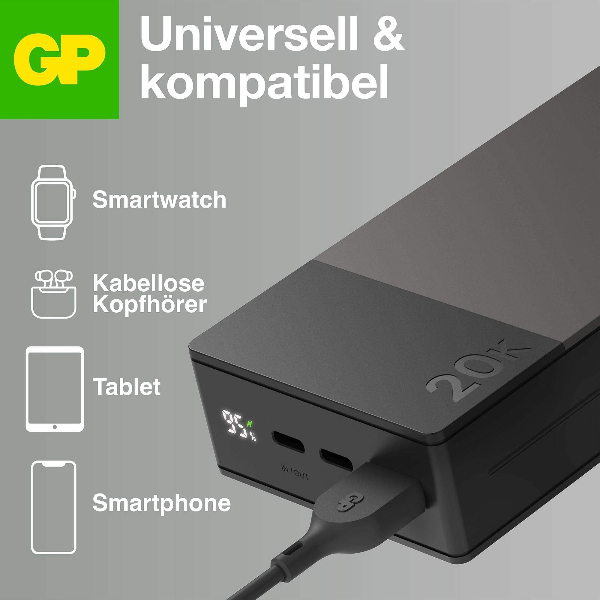 'Universell & kompatibel' - Ladegerät für Smartwatch, kabellose Kopfhörer, Tablet, Smartphone. Markiert mit grünem GP-Logo.