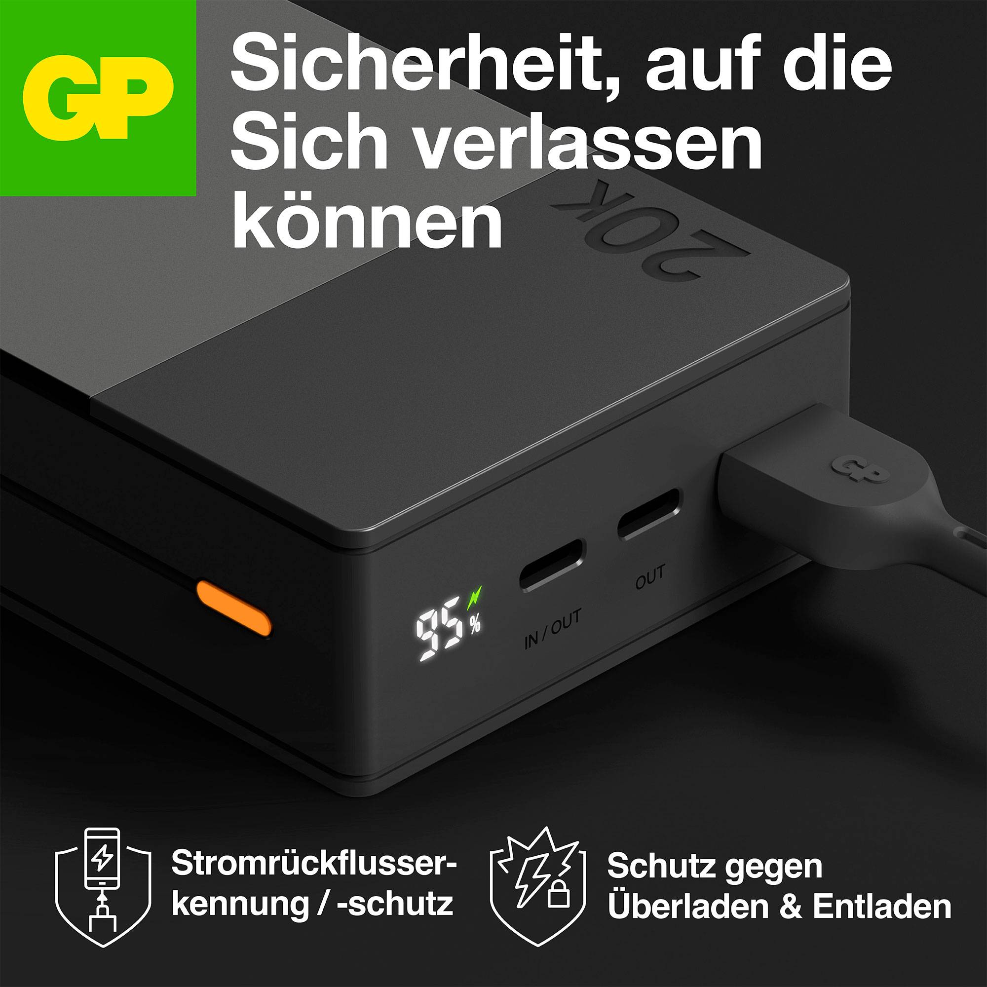 Powerbank mit USB-Kabel. Display zeigt 95% Ladung. Text: 'Sicherheit, auf die Sie sich verlassen können'. Symbole für Schutz und Ladevorgang.