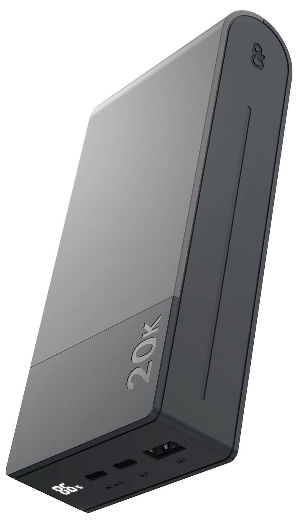 Eine graue Powerbank mit der Aufschrift '20K' und verschiedenen Anschlüssen an der Vorderseite.