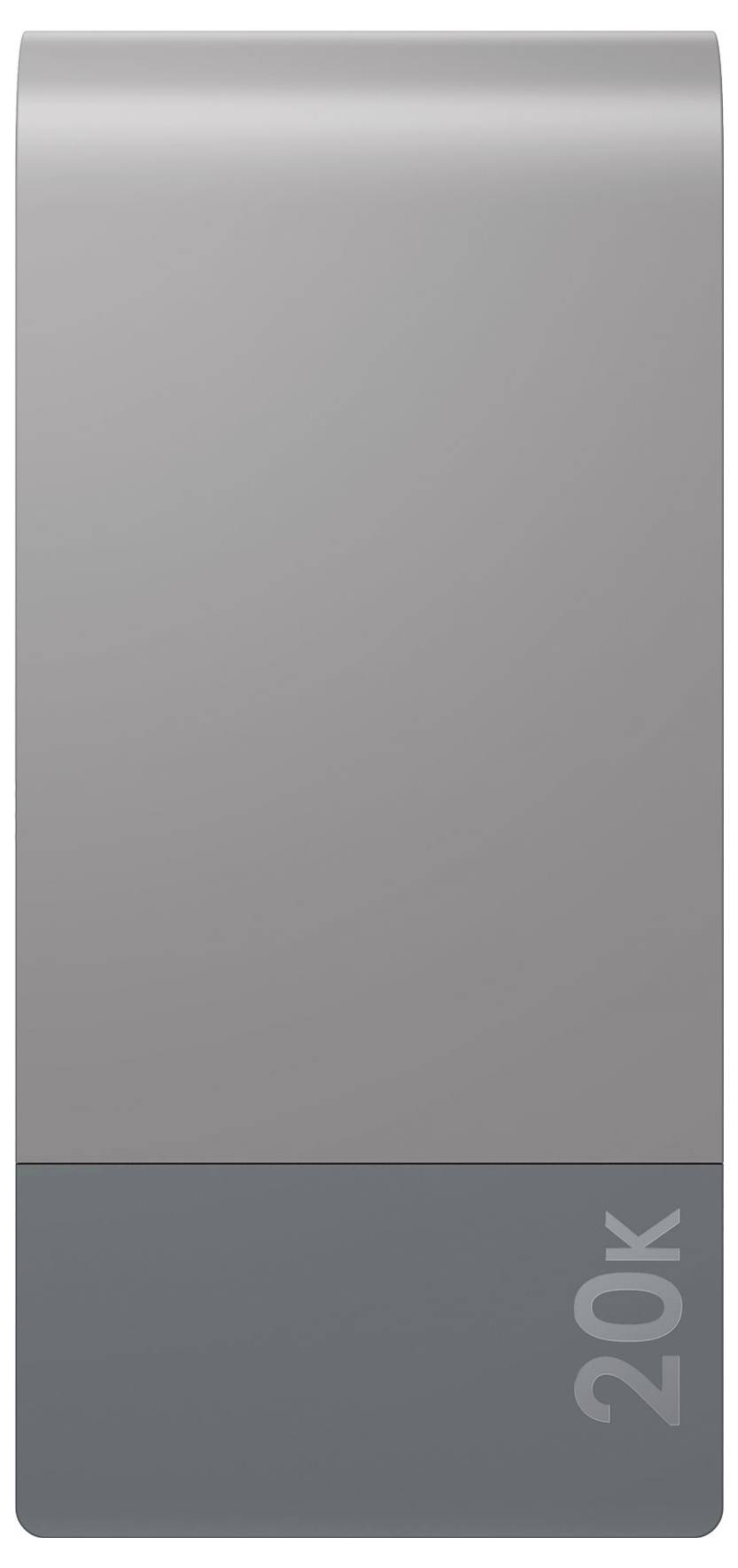 Graue Powerbank mit rechteckiger Form, Kapazität von 20.000 mAh, modernes Design.