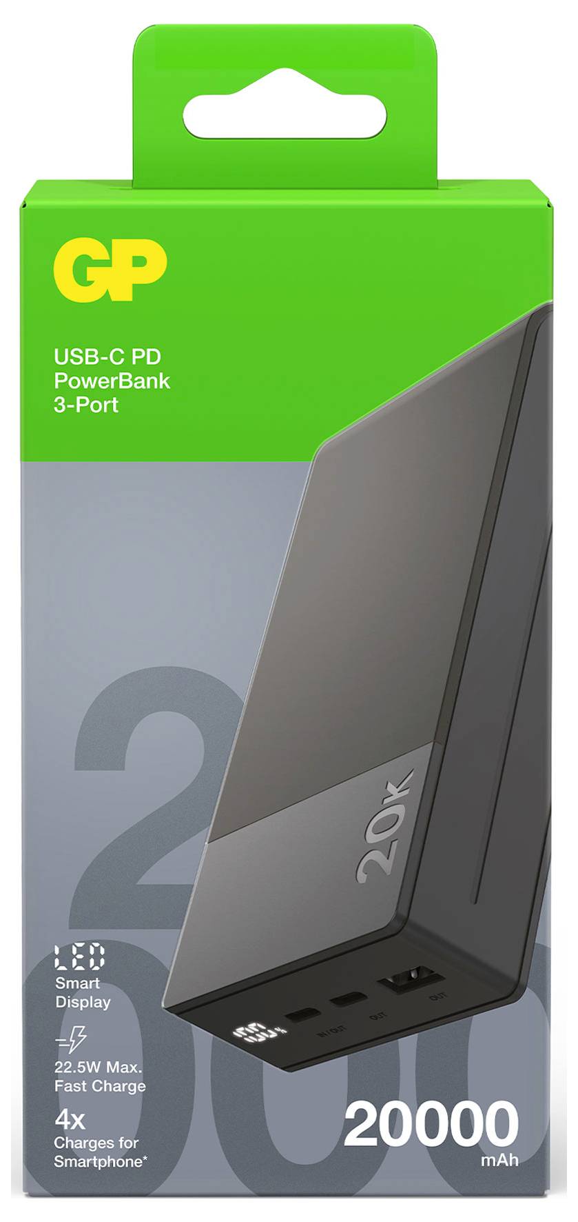 Eine Powerbank-Verpackung mit grünem oberen Abschnitt, zeigt ein schwarzes Gerät mit drei USB-Anschlüssen und der Kapazität von 20000 mAh.