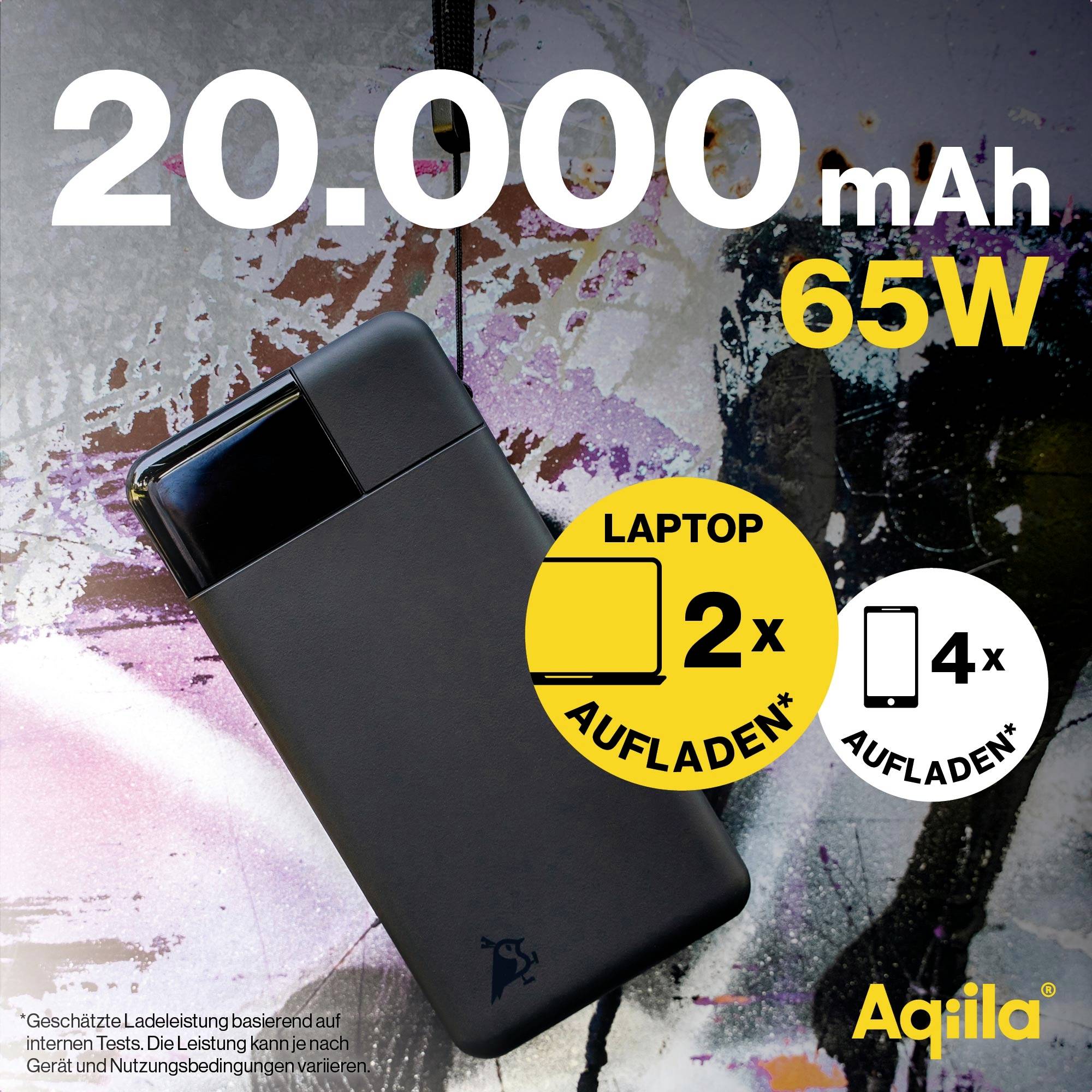 Tragbarer Akku mit 20.000 mAh und 65W. Kann 2 Laptops oder 4 Geräte laden. Schwarzes Design. Text: 'Geschätzte Ladeleistung...' und 'Aqiila'.