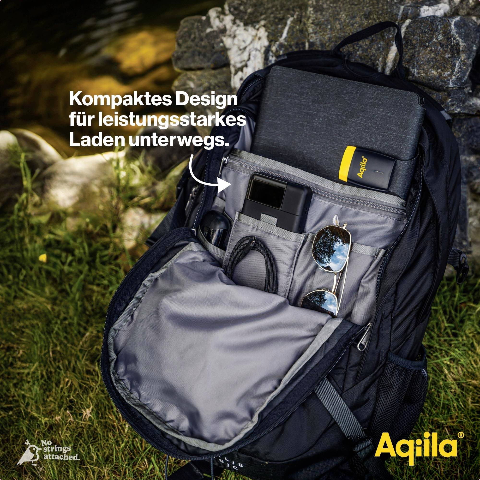 Ein Rucksack mit einem geordneten Fach, das ein Ladegerät, eine Sonnenbrille und andere Gegenstände enthält. Text: 'Kompaktes Design für leistungsstarkes Laden unterwegs.'