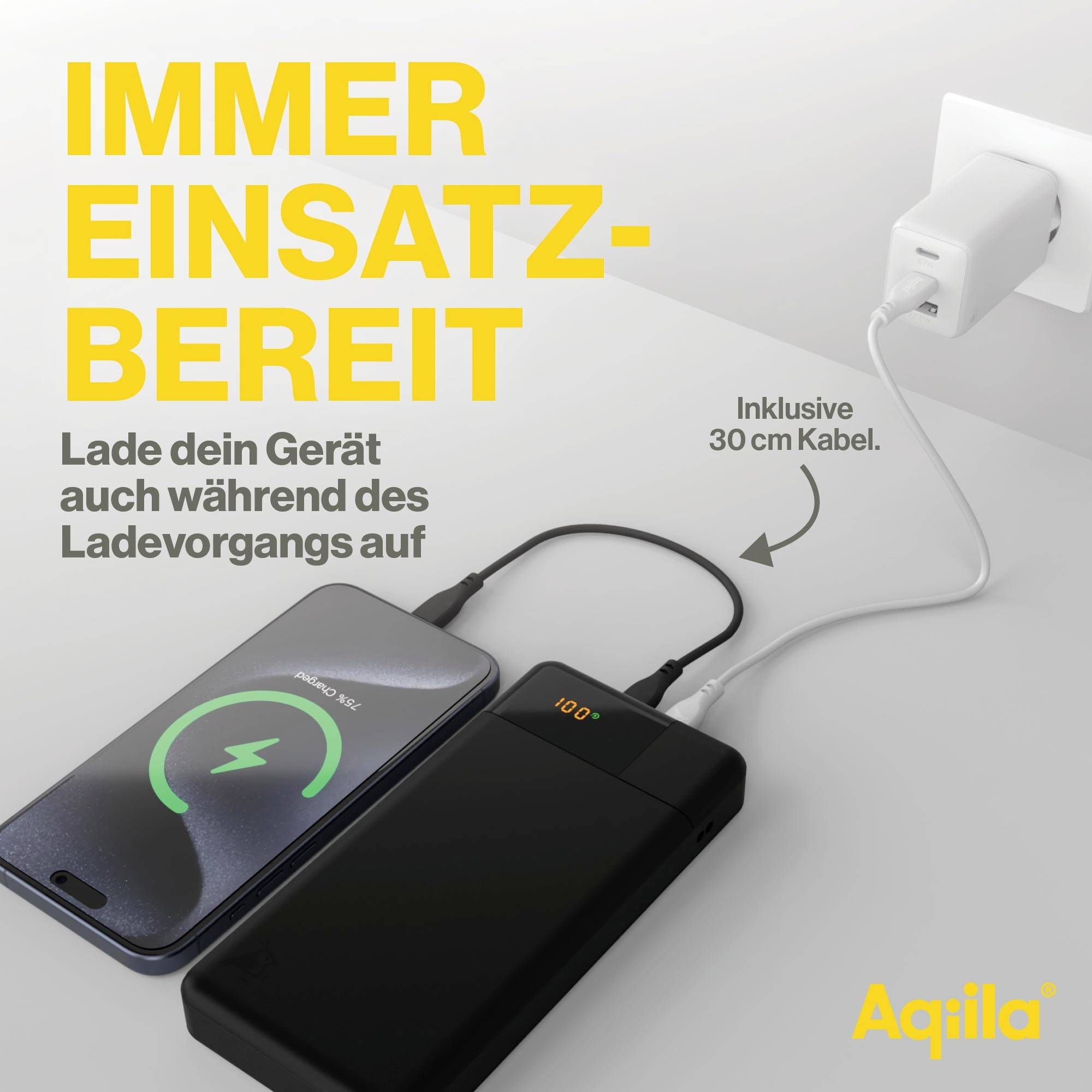 Powerbank und Smartphone gleichzeitig aufladen. Text: Immer einsatzbereit. Lade dein Gerät auch während des Ladevorgangs auf.