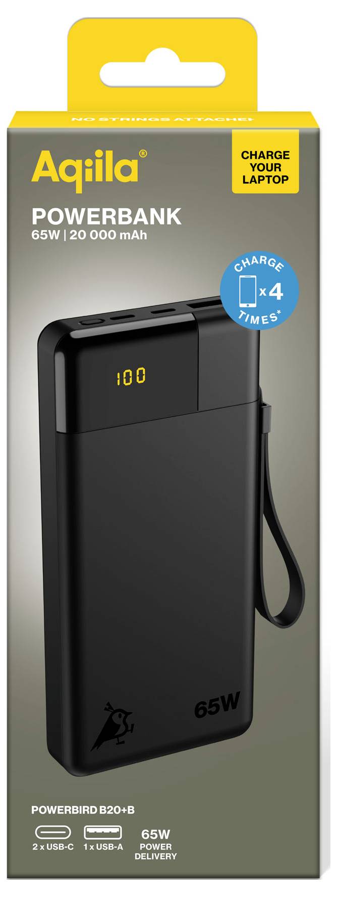 Powerbank-Verpackung mit Text 'Aqila POWERBANK 65W | 20 000 mAh'. Zeigt ein schwarzes Gerät mit einem Ladestatus-Display und gelben Details.