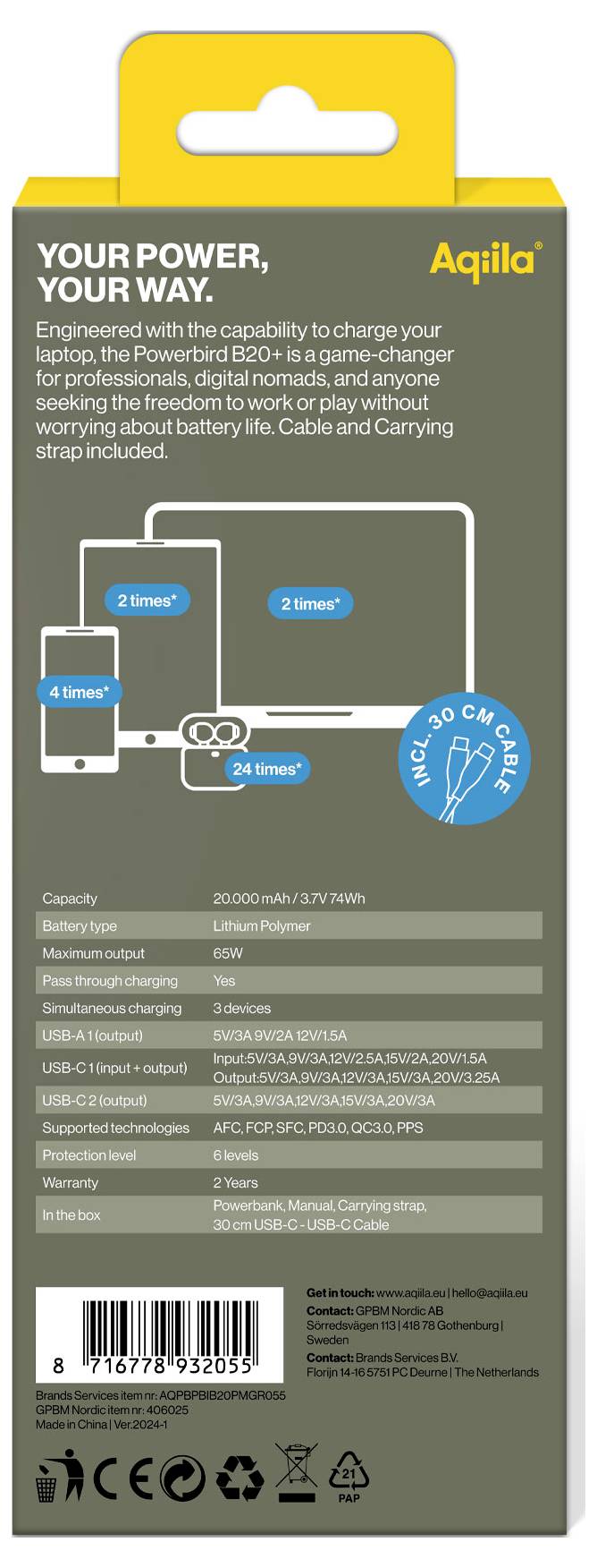 Auf der Verpackung steht: 'YOUR POWER, YOUR WAY.' Es ist ein Ladegerät namens Aquila, das für verschiedene Geräte geeignet ist, inklusive Kabel und Tragriemen.