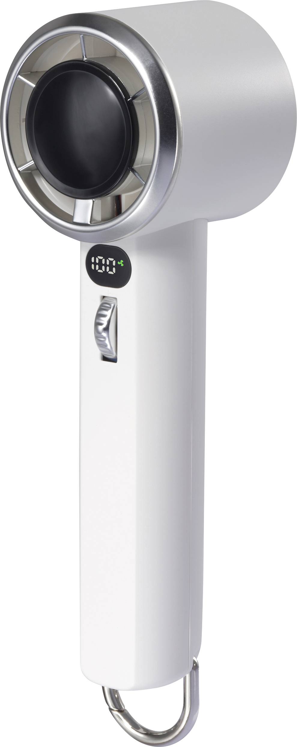 Handlicher, moderner weiß-silberner Föhn mit Haken am Griff, geeignet für einfaches Trocknen und Stylen der Haare.