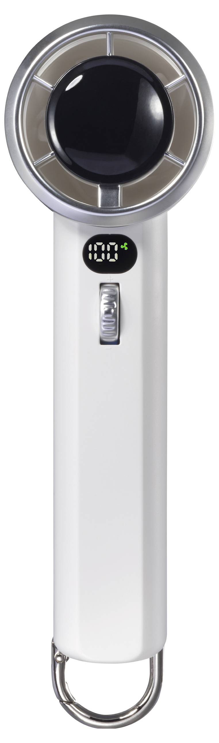 Ein weißer elektrischer Rasierer mit einer digitalen Anzeige zeigt '100'. Oberhalb ist ein großer, runder Kopf mit mehreren Schlitzen.